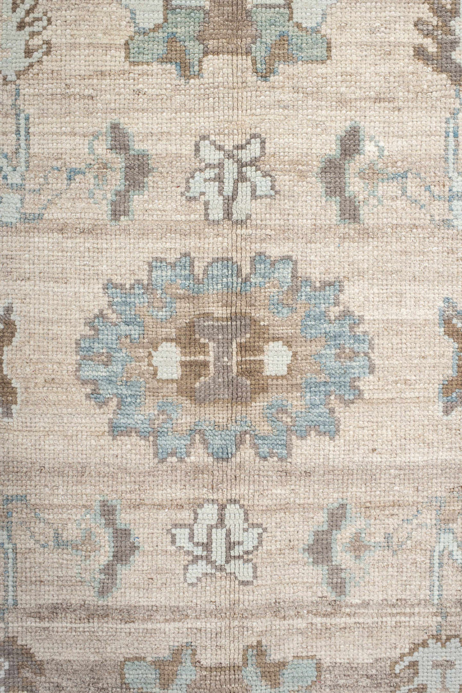9' x 12' one-of-a-kind handmade vintage Oushak large size rug. Color palette: beige, ivory, light blue, taupe, brown, cream