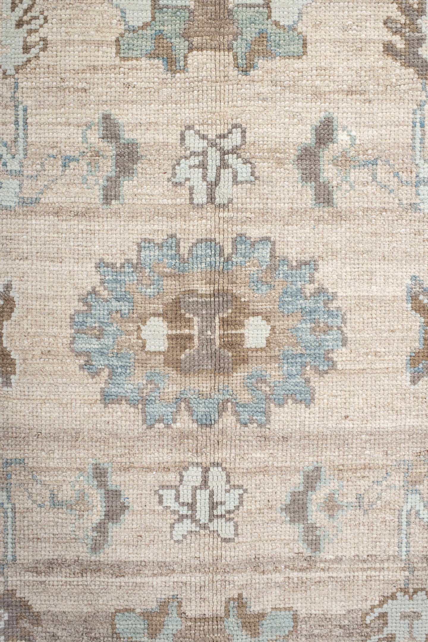9' x 12' one-of-a-kind handmade vintage Oushak large size rug. Color palette: beige, ivory, light blue, taupe, brown, cream
