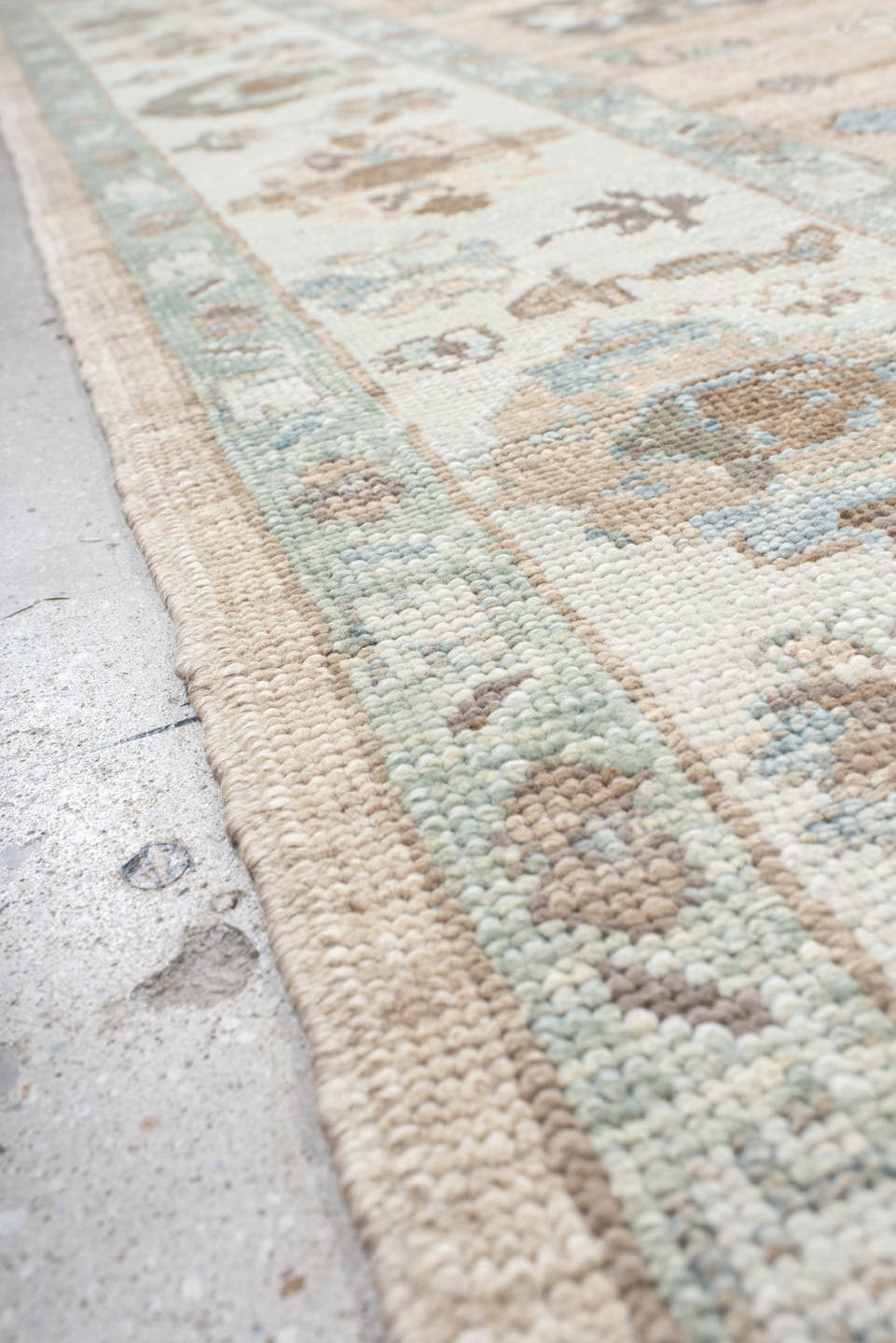9' x 12' one-of-a-kind handmade vintage Oushak large size rug. Color palette: beige, ivory, light blue, taupe, brown, cream