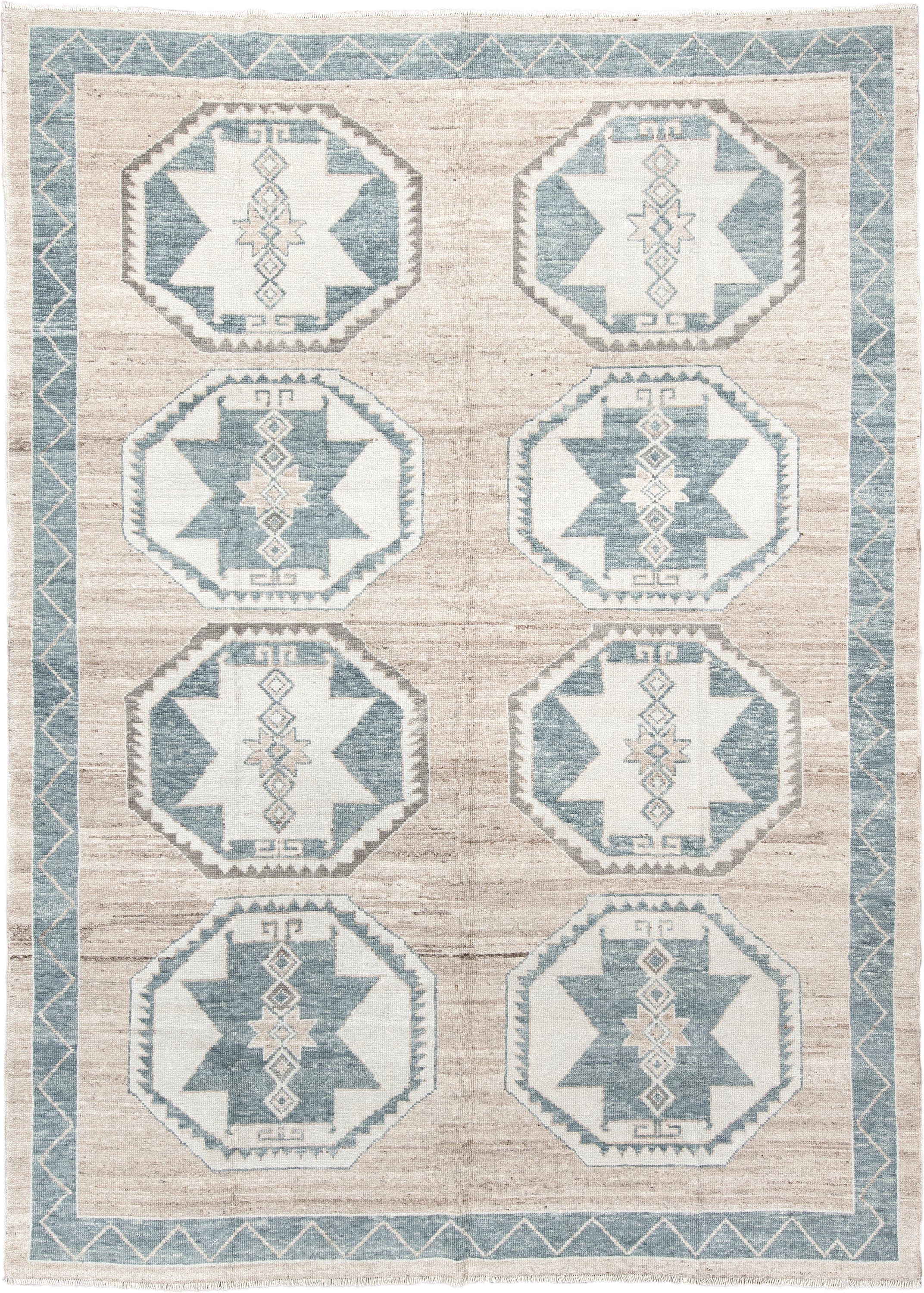 9' x 12' one-of-a-kind handmade vintage Oushak large size rug. Color palette: ivory, pale blue, taupe, beige, gray