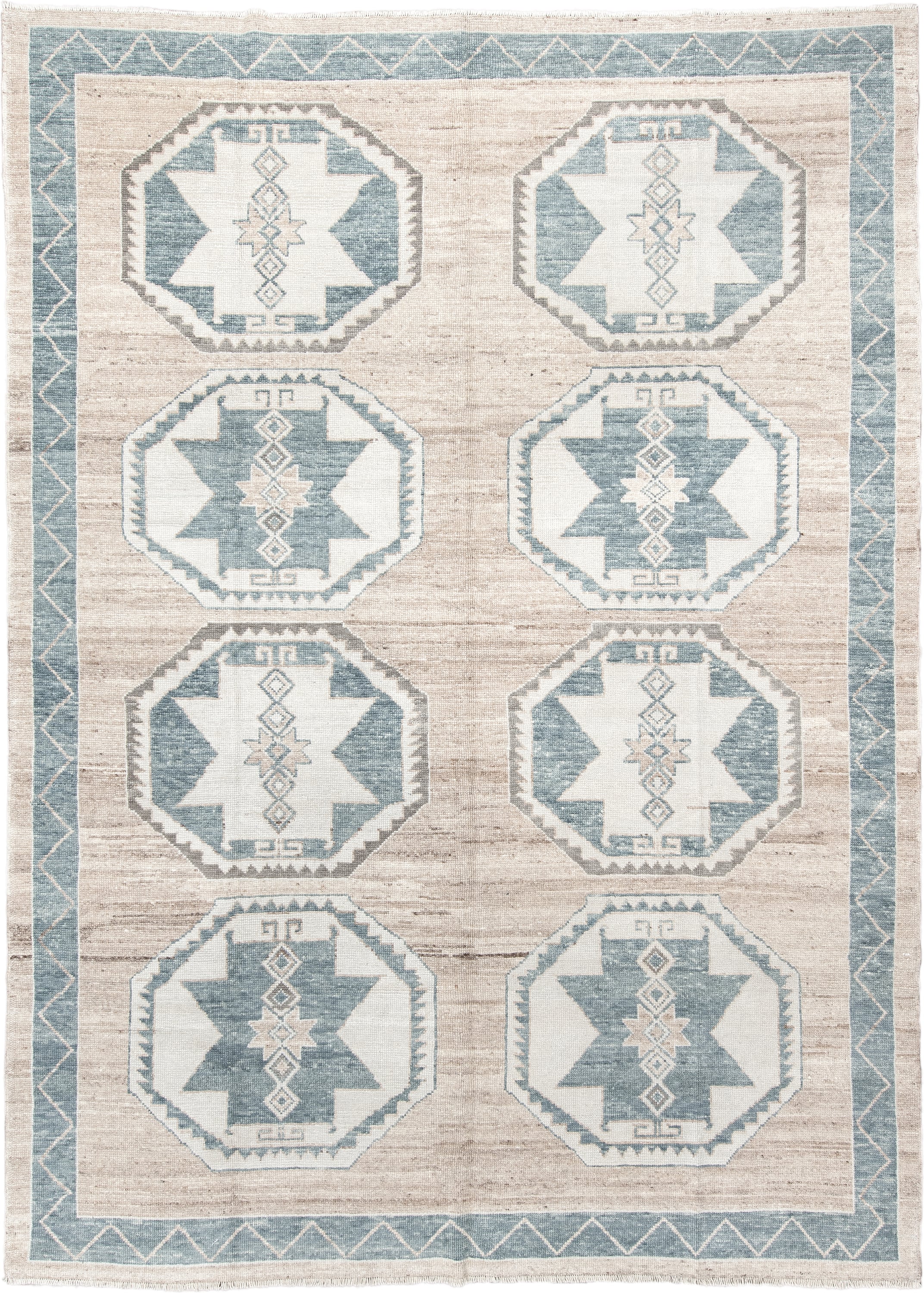 9' x 12' one-of-a-kind handmade vintage Oushak large size rug. Color palette: ivory, pale blue, taupe, beige, gray