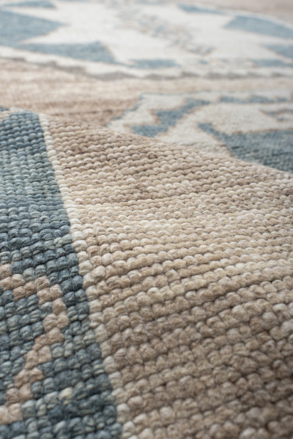 9' x 12' one-of-a-kind handmade vintage Oushak large size rug. Color palette: ivory, pale blue, taupe, beige, gray