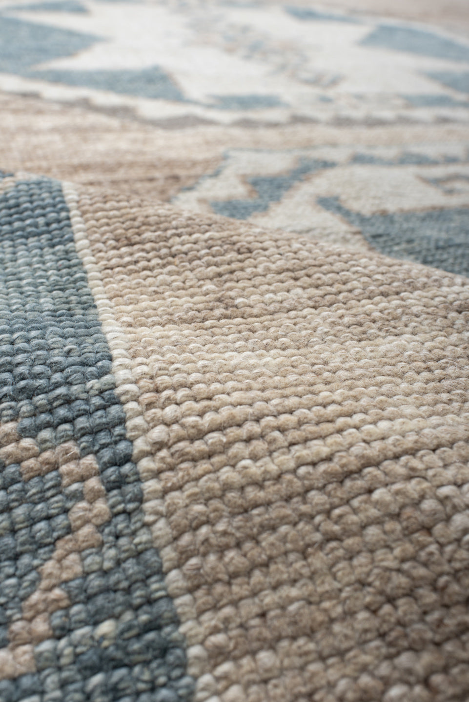 9' x 12' one-of-a-kind handmade vintage Oushak large size rug. Color palette: ivory, pale blue, taupe, beige, gray