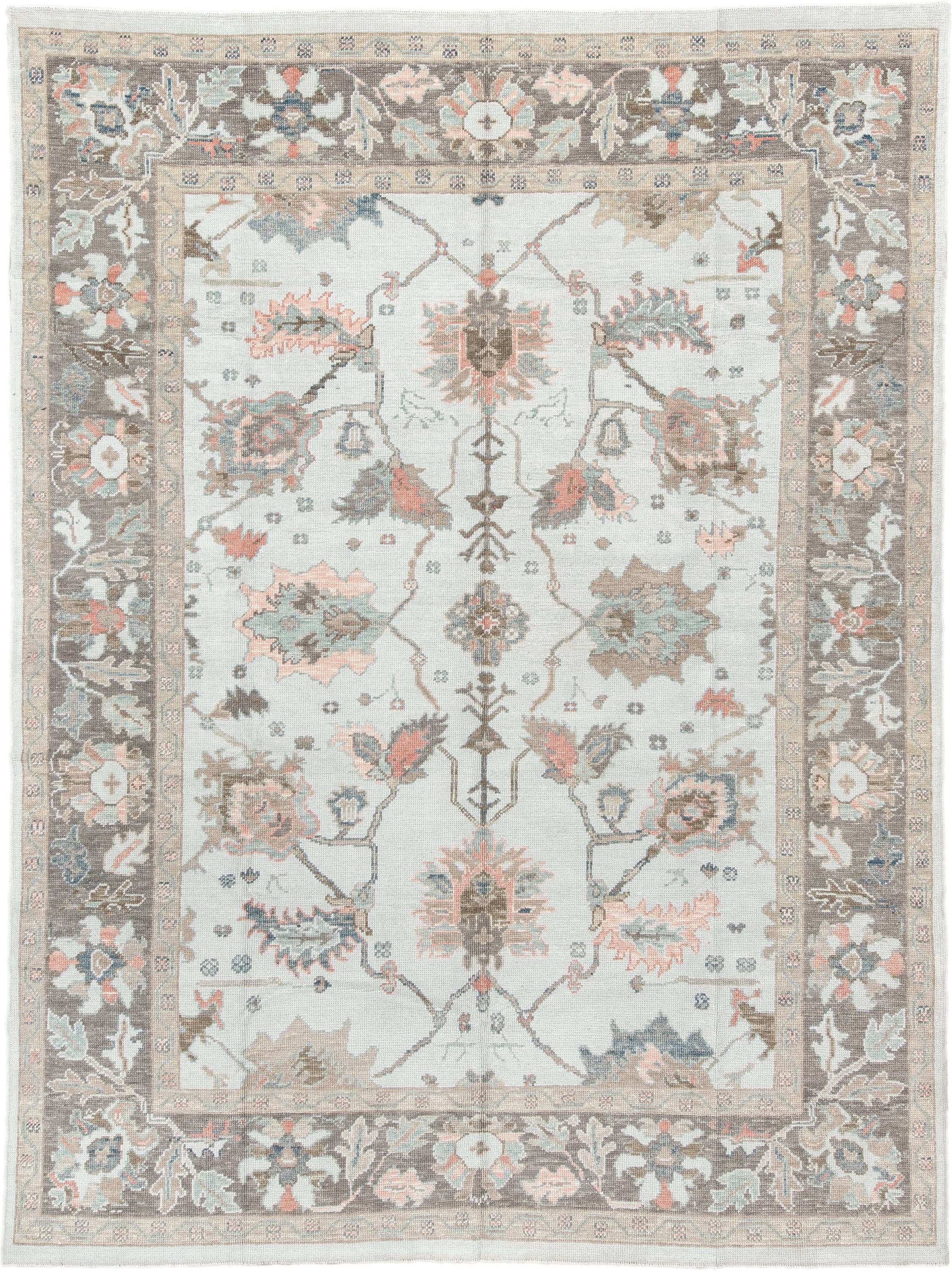 9' x 12' one-of-a-kind handmade vintage Oushak large size rug. Color palette: ivory, taupe, sage, muted blue, coral, brown