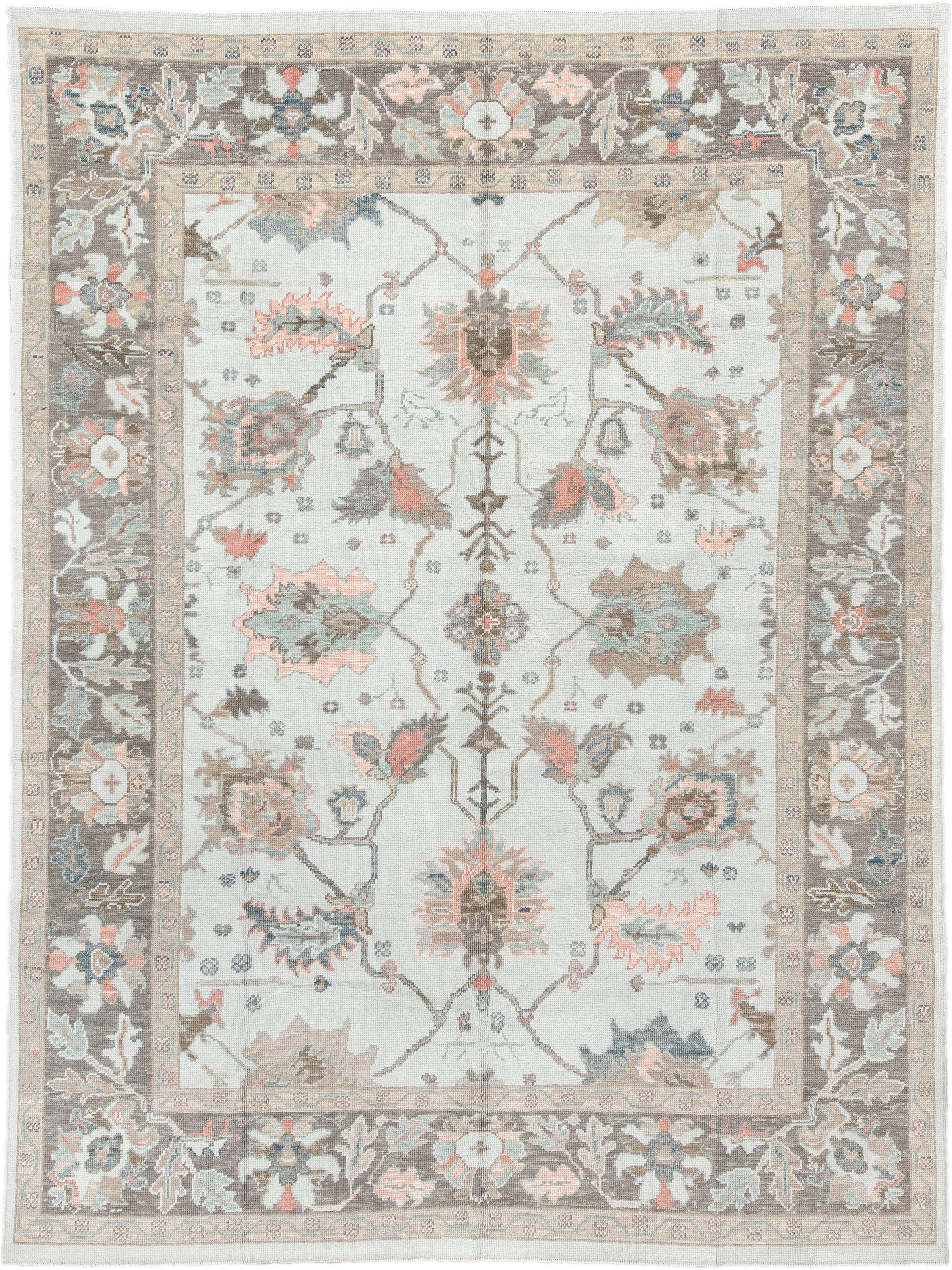 9' x 12' one-of-a-kind handmade vintage Oushak large size rug. Color palette: ivory, taupe, sage, muted blue, coral, brown