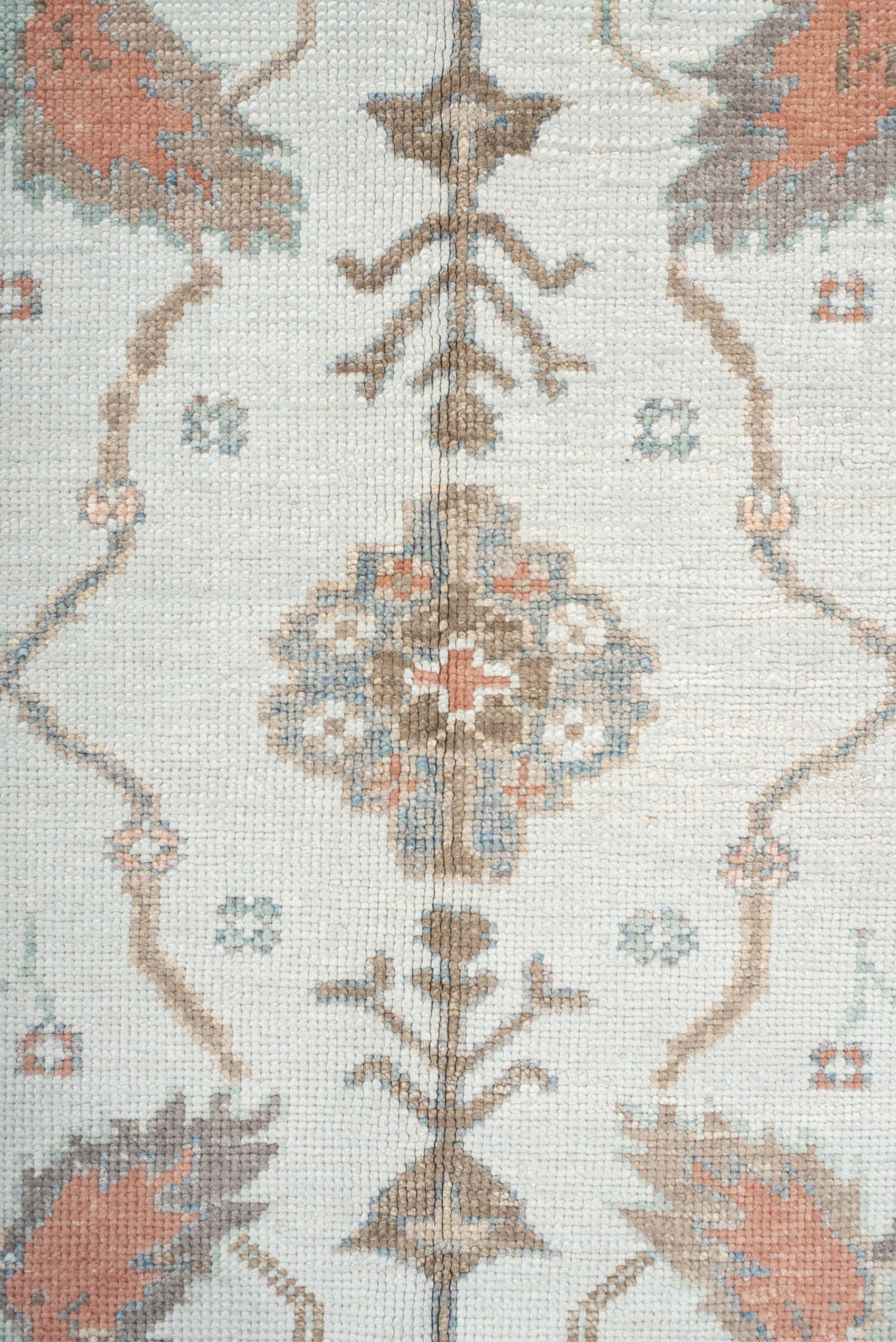 9' x 12' one-of-a-kind handmade vintage Oushak large size rug. Color palette: ivory, taupe, sage, muted blue, coral, brown