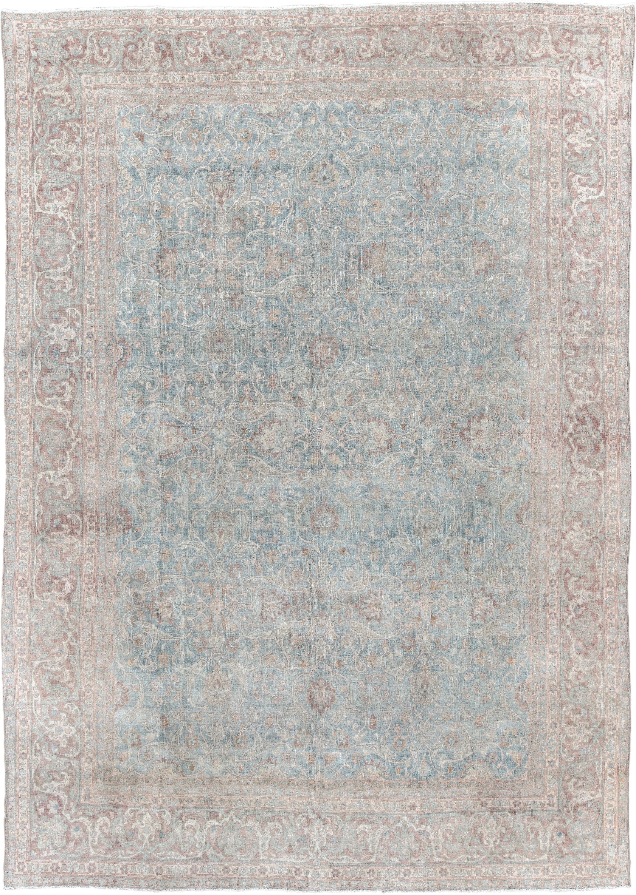 9' x 13' one-of-a-kind handmade vintage Anatolian large size rug. Color palette: pale blue, blush, ivory, taupe, rose, cream
