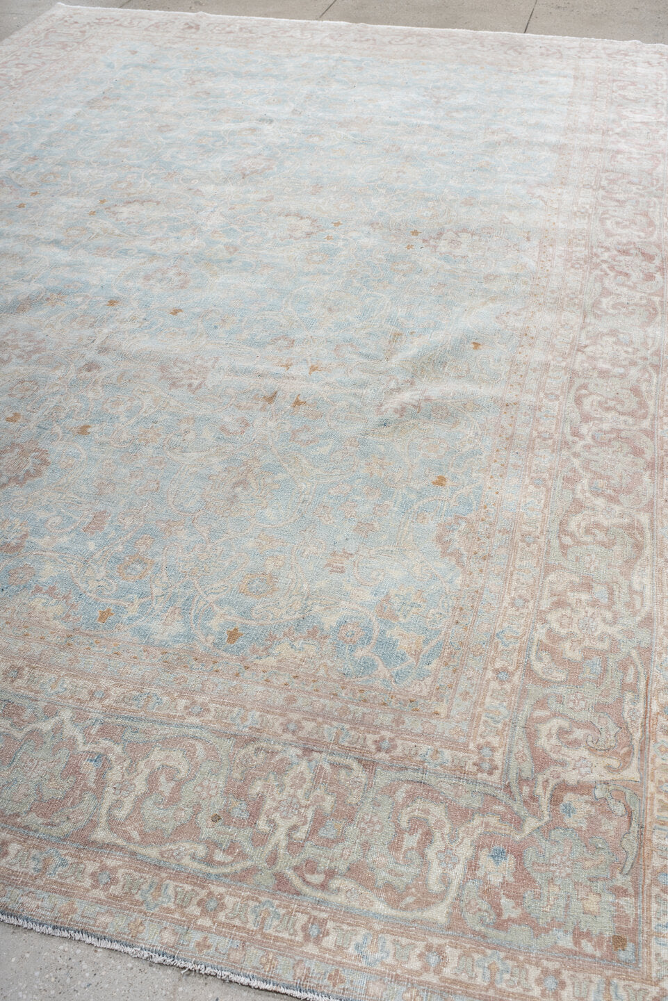 9' x 13' one-of-a-kind handmade vintage Anatolian large size rug. Color palette: pale blue, blush, ivory, taupe, rose, cream