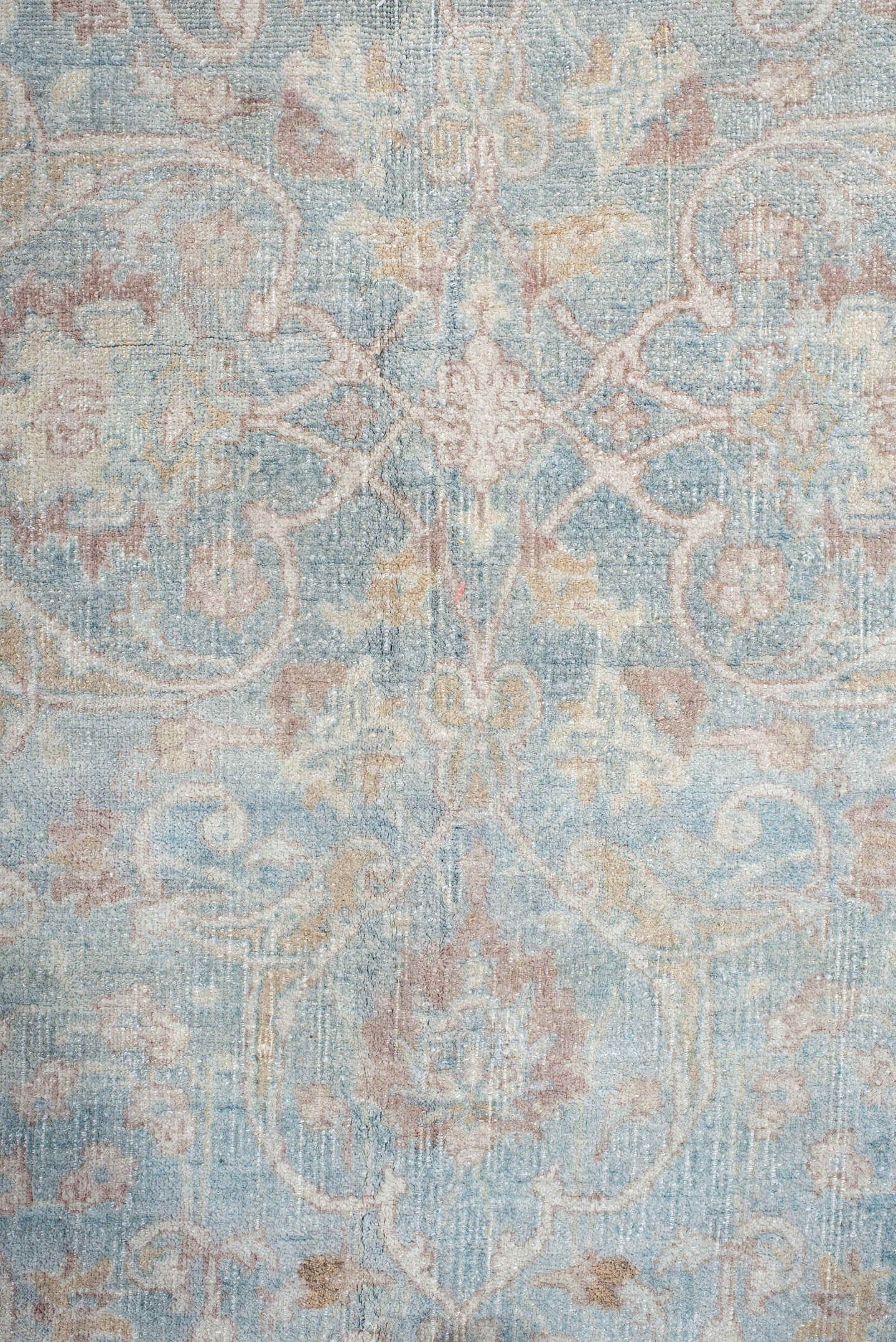 9' x 13' one-of-a-kind handmade vintage Anatolian large size rug. Color palette: pale blue, blush, ivory, taupe, rose, cream