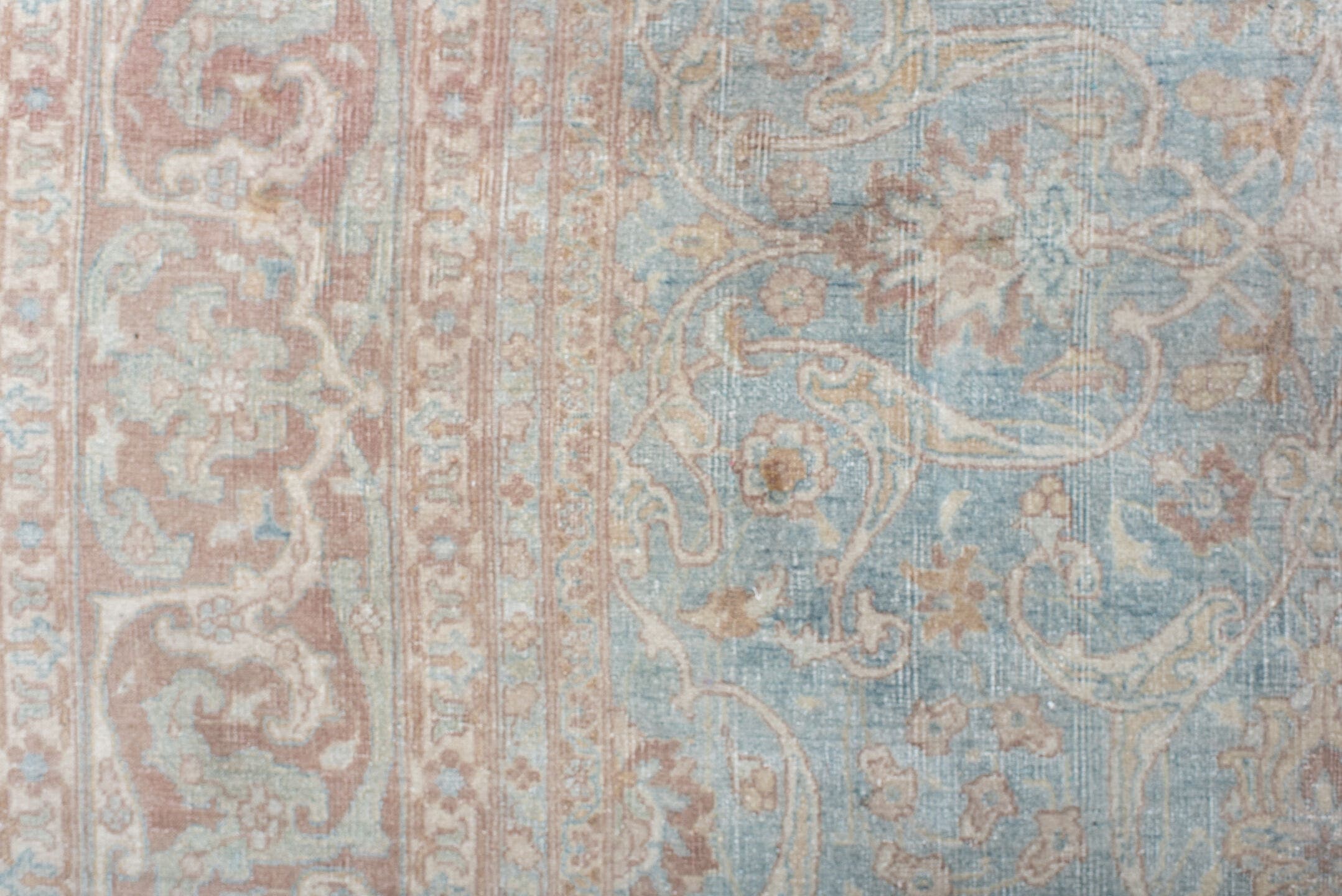 9' x 13' one-of-a-kind handmade vintage Anatolian large size rug. Color palette: pale blue, blush, ivory, taupe, rose, cream