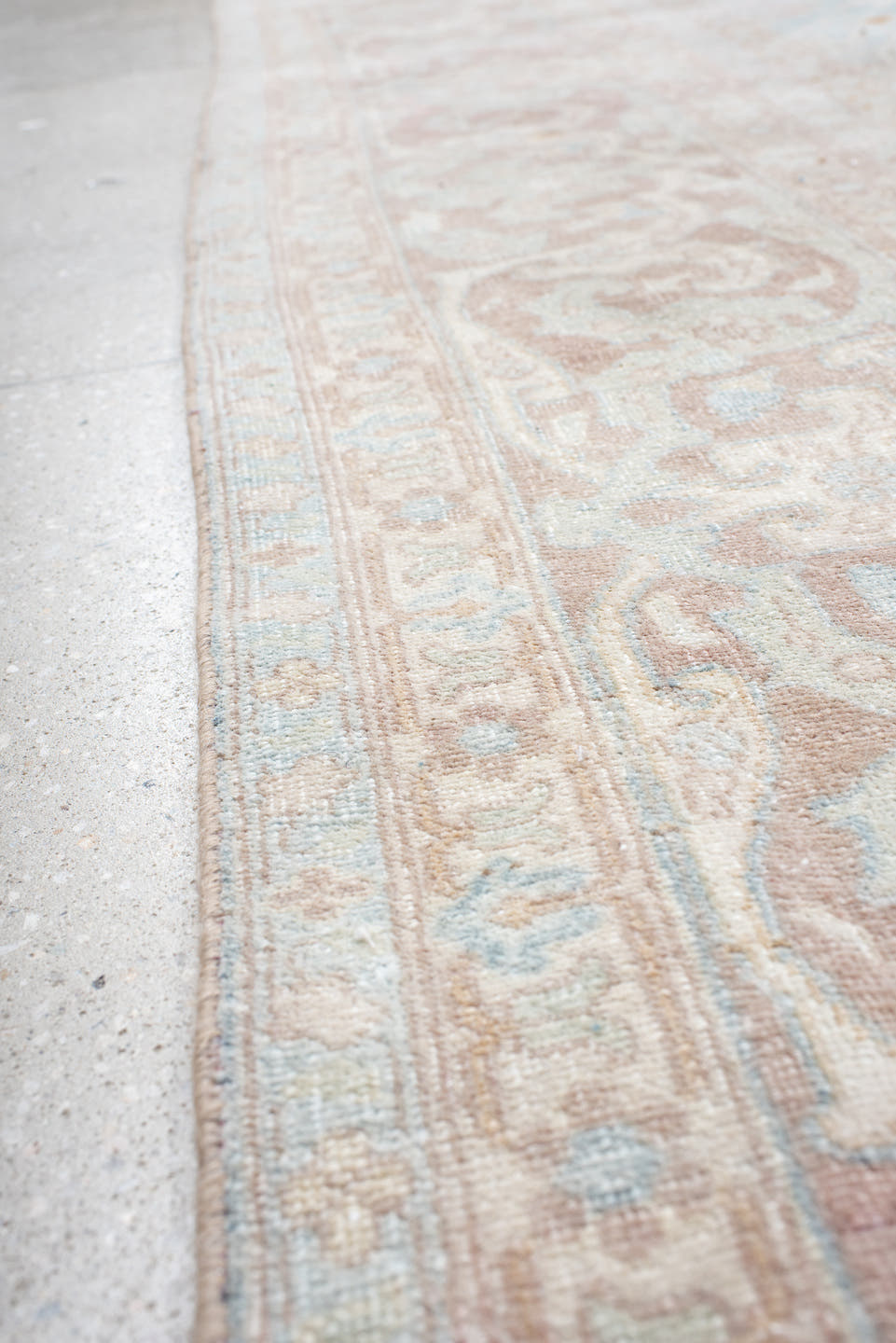 9' x 13' one-of-a-kind handmade vintage Anatolian large size rug. Color palette: pale blue, blush, ivory, taupe, rose, cream