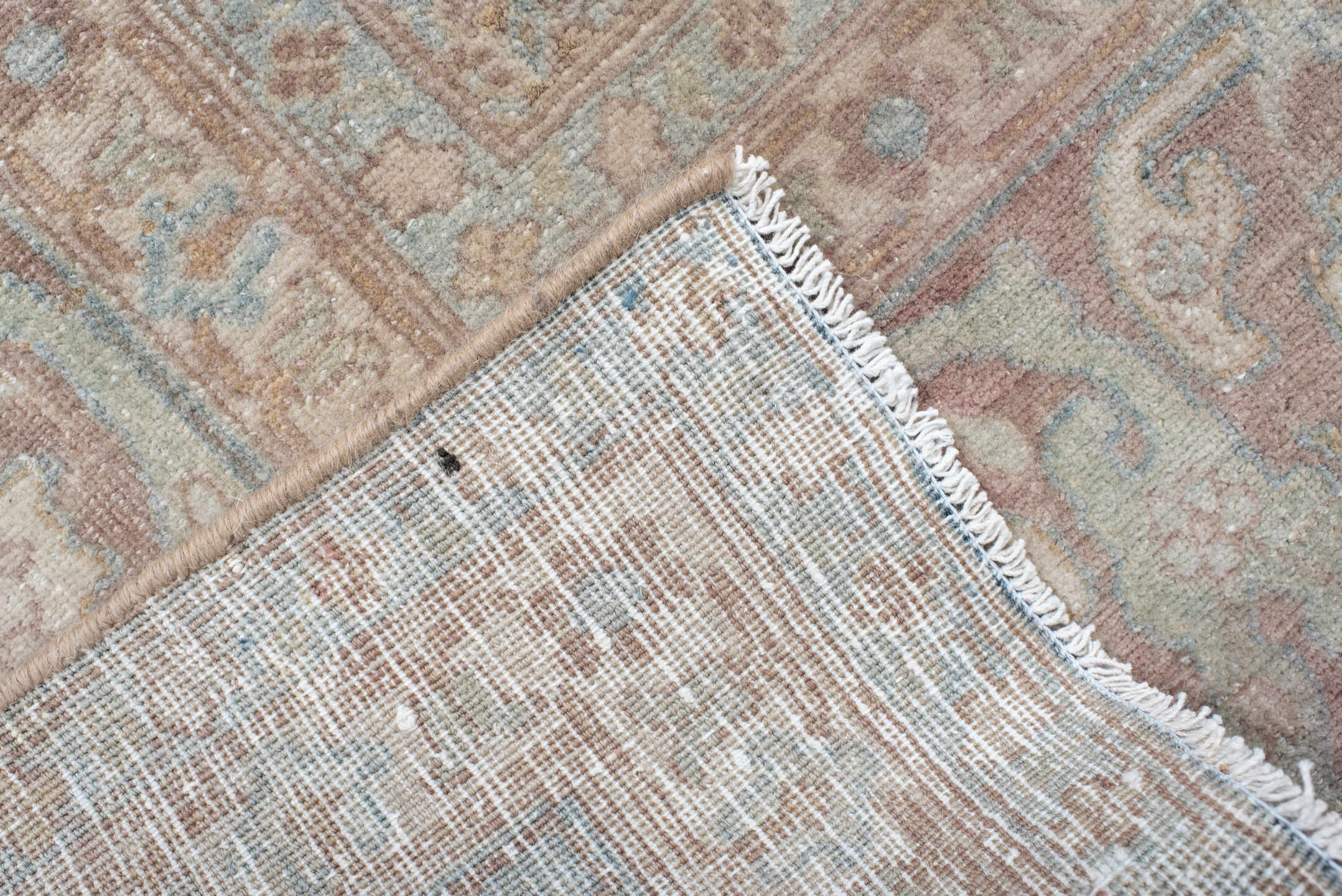 9' x 13' one-of-a-kind handmade vintage Anatolian large size rug. Color palette: pale blue, blush, ivory, taupe, rose, cream
