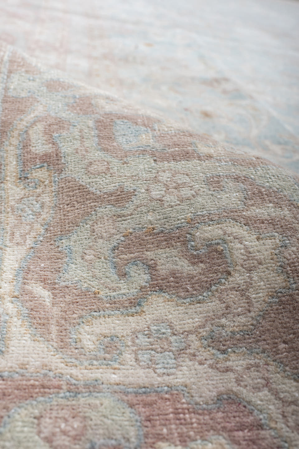 9' x 13' one-of-a-kind handmade vintage Anatolian large size rug. Color palette: pale blue, blush, ivory, taupe, rose, cream