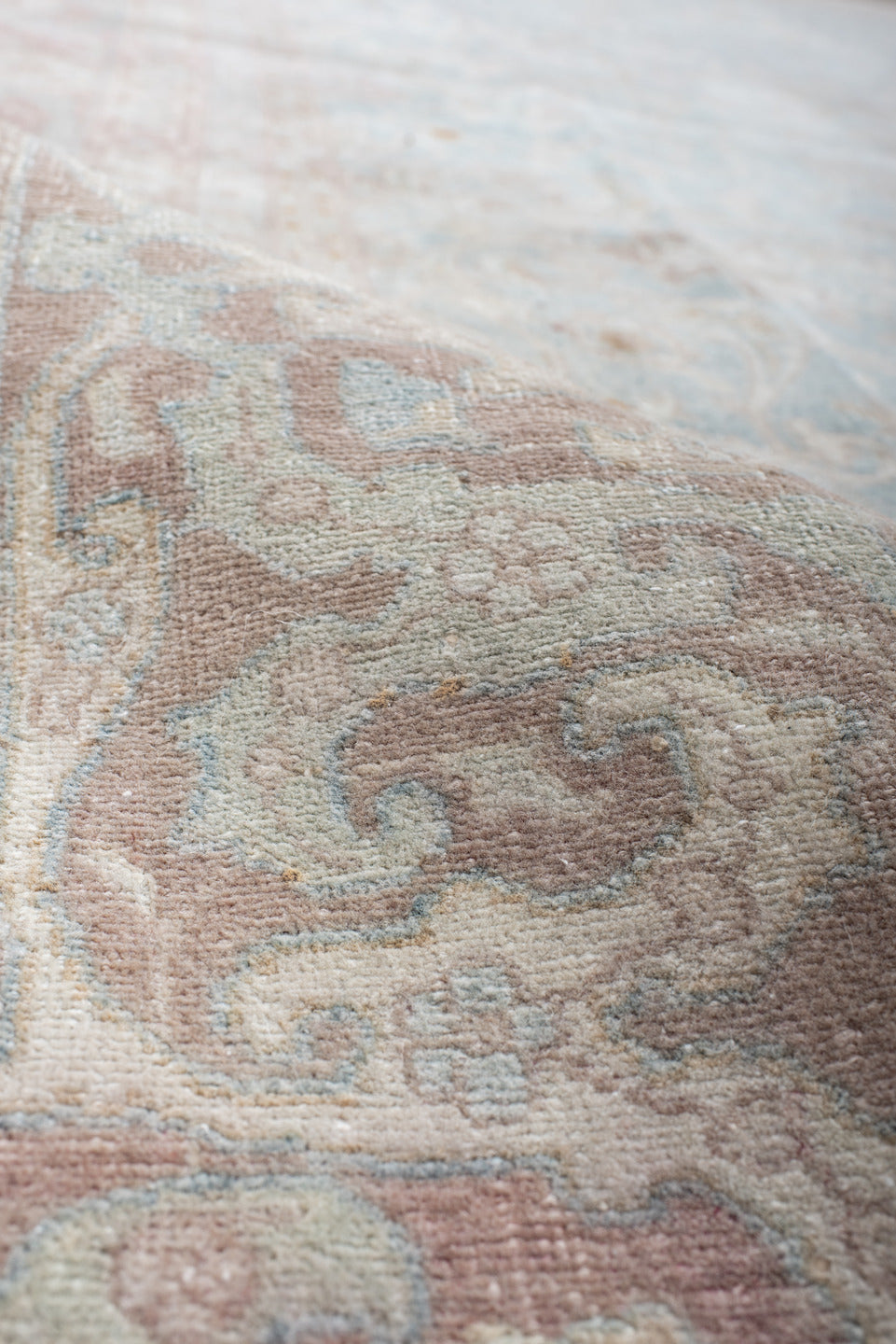 9' x 13' one-of-a-kind handmade vintage Anatolian large size rug. Color palette: pale blue, blush, ivory, taupe, rose, cream