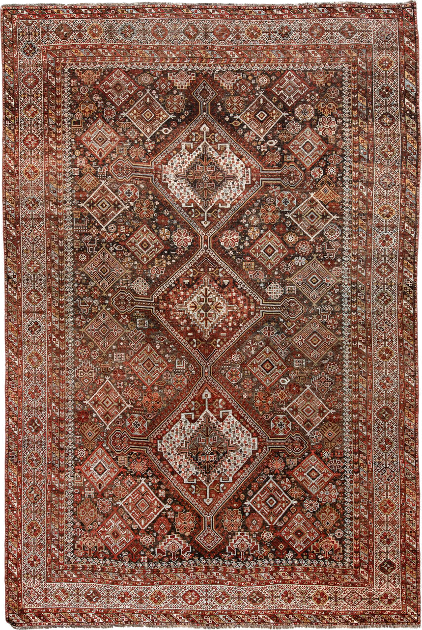 7' x 10' one-of-a-kind handmade antique Shiraz large size rug. Color palette: rust, ivory, brown, terra cotta, charcoal