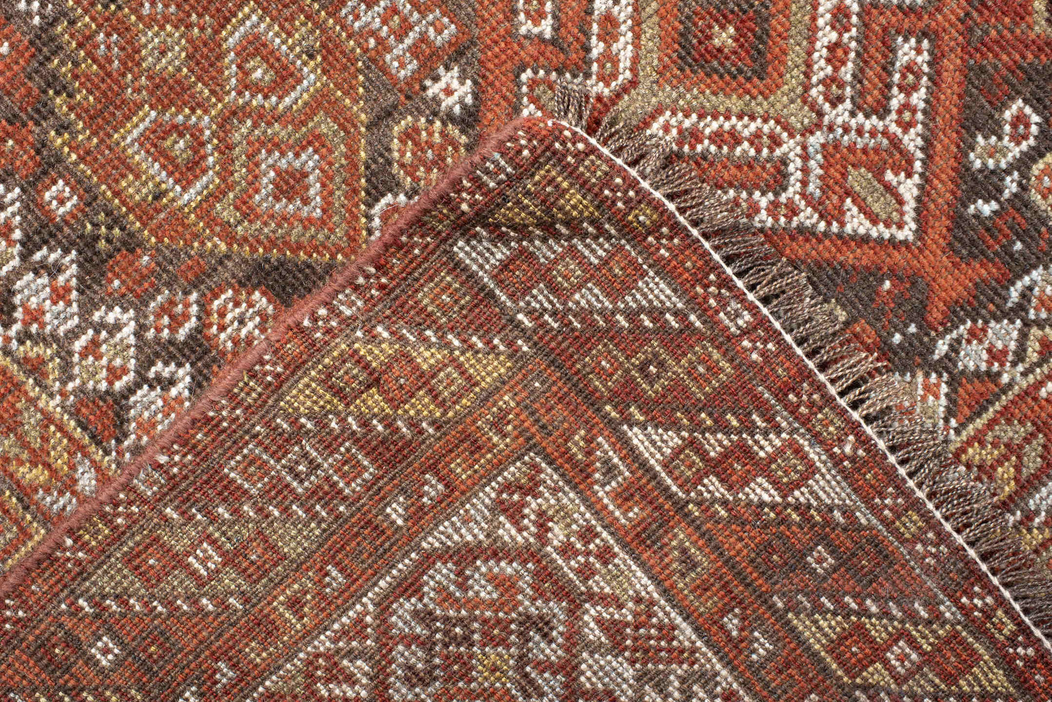 7' x 10' one-of-a-kind handmade antique Shiraz large size rug. Color palette: rust, ivory, brown, terra cotta, charcoal