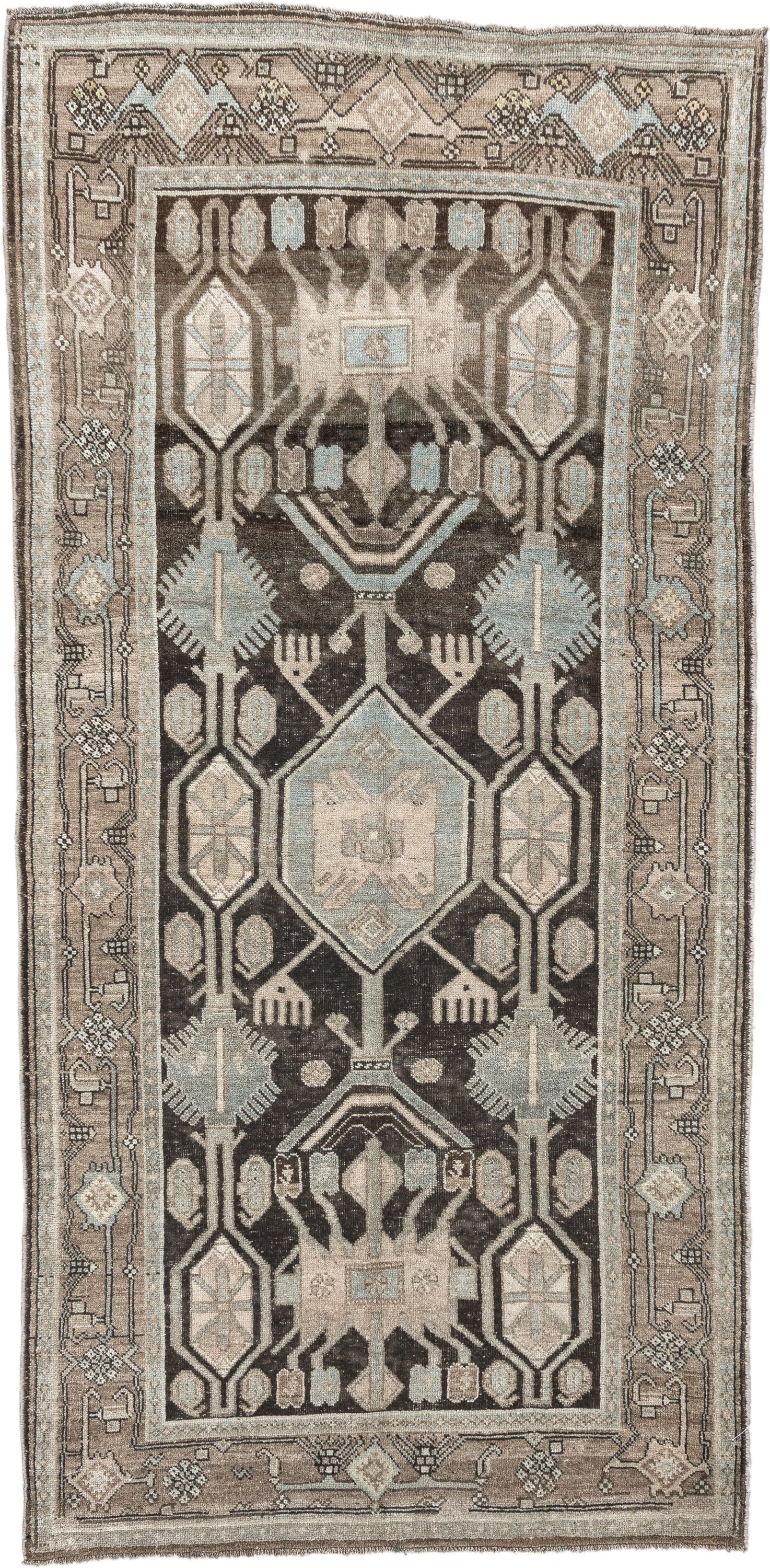 3' x 7' one-of-a-kind handmade antique Bidjar runner rug. Color palette: charcoal, taupe, ivory, light blue, beige, brown