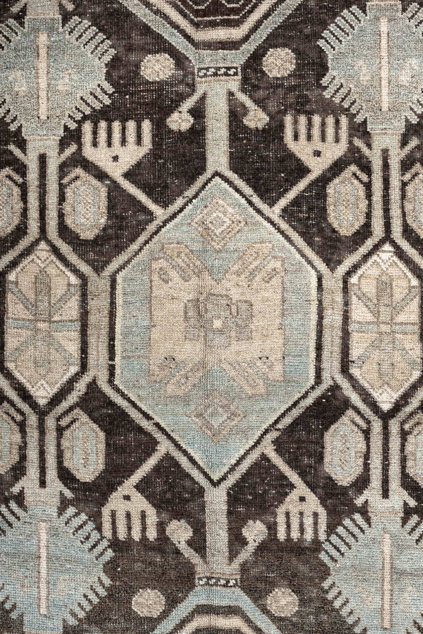 3' x 7' one-of-a-kind handmade antique Bidjar runner rug. Color palette: charcoal, taupe, ivory, light blue, beige, brown