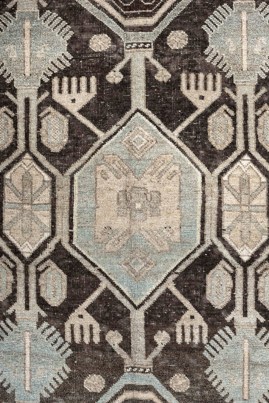 3' x 7' one-of-a-kind handmade antique Bidjar runner rug. Color palette: charcoal, taupe, ivory, light blue, beige, brown