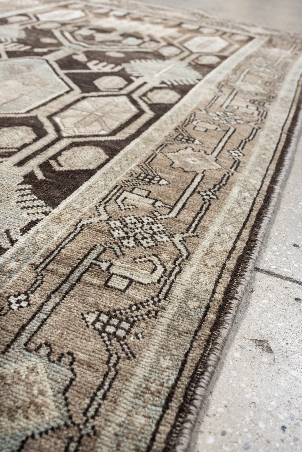 3' x 7' one-of-a-kind handmade antique Bidjar runner rug. Color palette: charcoal, taupe, ivory, light blue, beige, brown