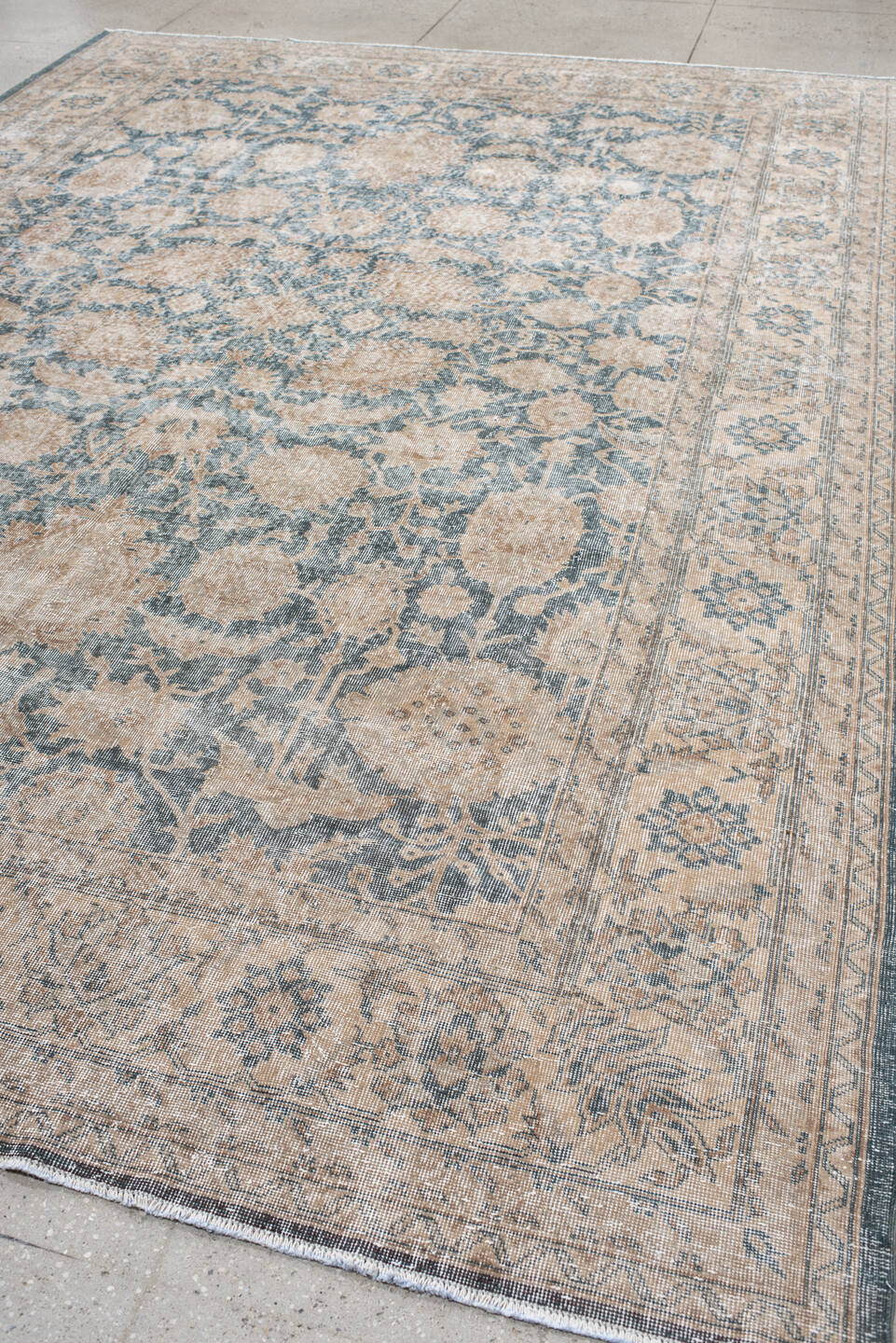 9' x 13' one-of-a-kind handmade vintage Sparta large size rug. Color palette: ivory, blue, taupe, beige, slate, gray