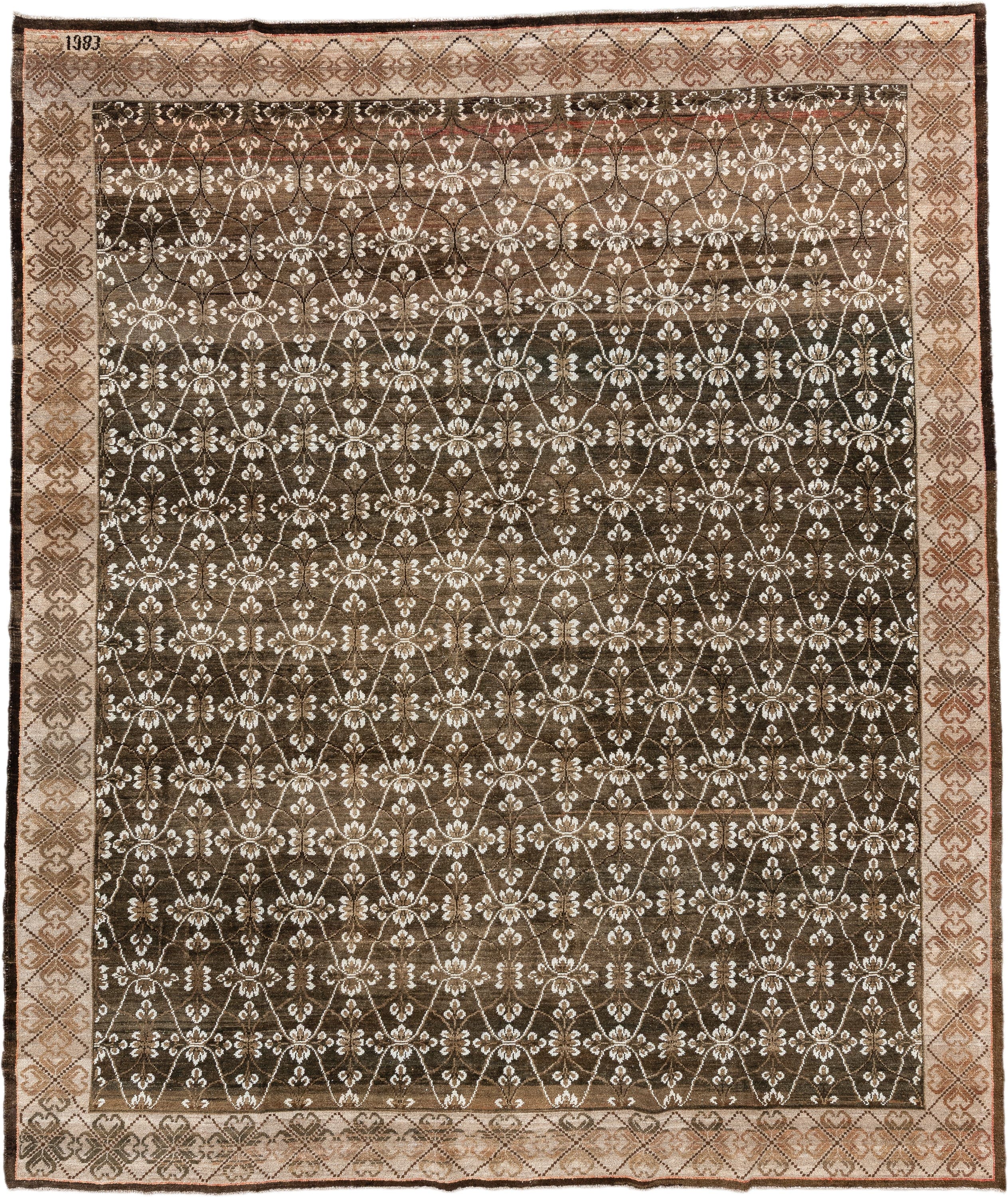 9' x 11' one-of-a-kind handmade vintage Kars large size rug. Color palette: brown, ivory, taupe, camel, terra cotta