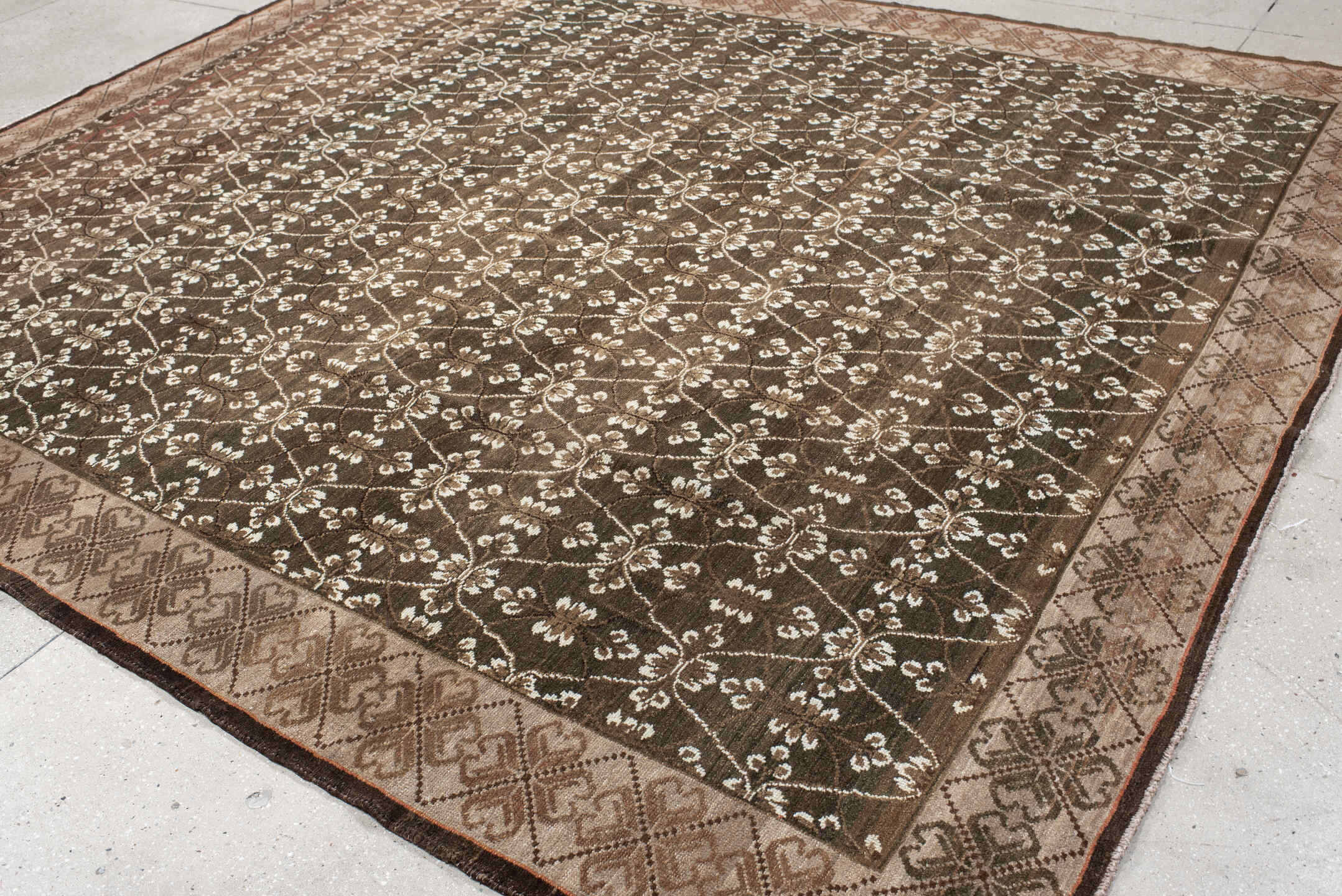 9' x 11' one-of-a-kind handmade vintage Kars large size rug. Color palette: brown, ivory, taupe, camel, terra cotta