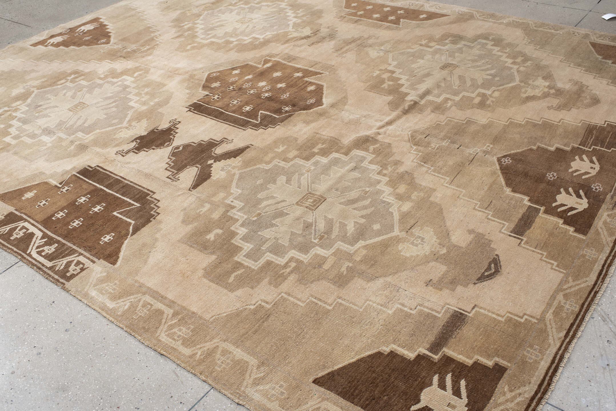 9' x 11' one-of-a-kind handmade vintage Kars large size rug. Color palette: beige, taupe, camel, brown, ivory, sand, gray