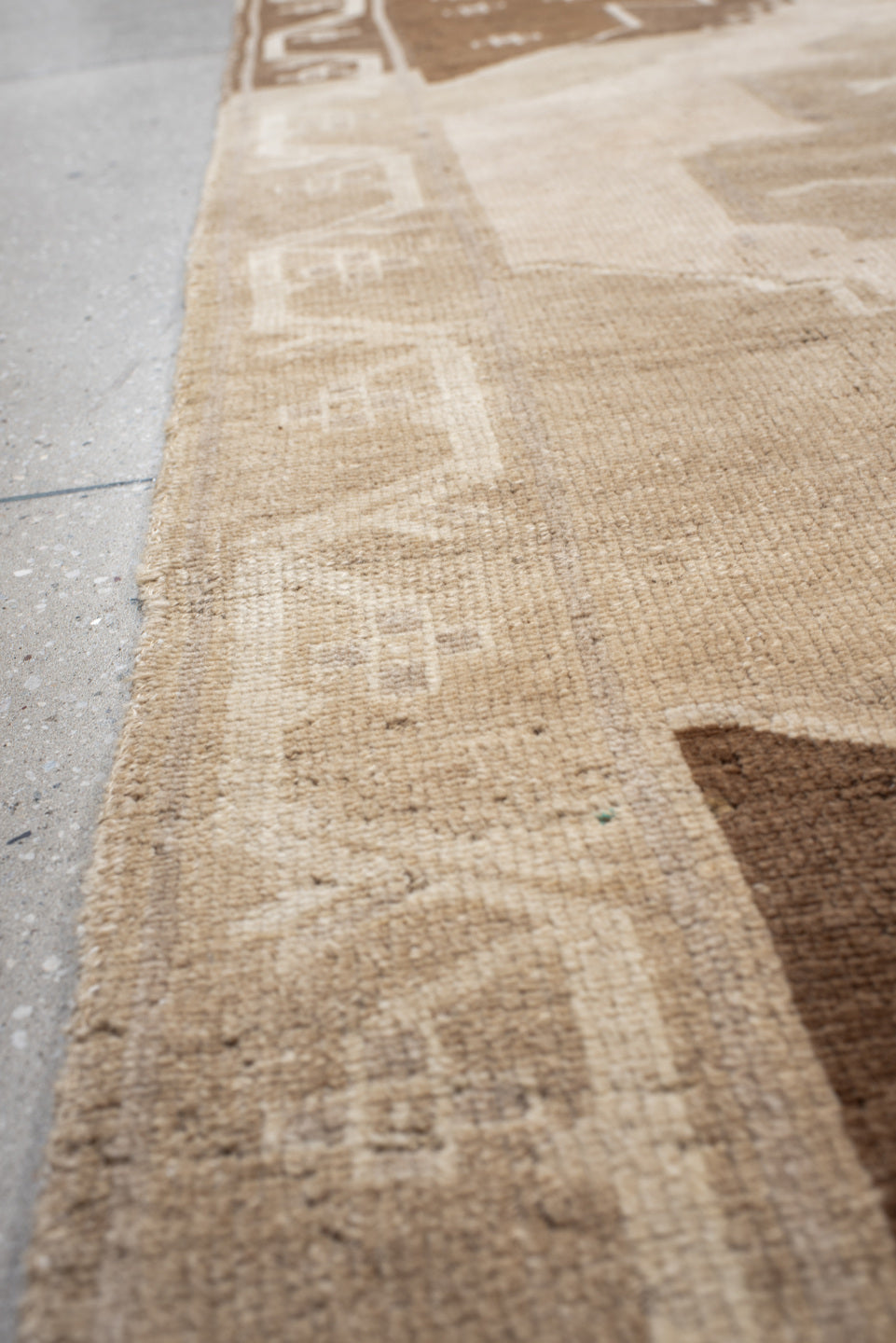 9' x 11' one-of-a-kind handmade vintage Kars large size rug. Color palette: beige, taupe, camel, brown, ivory, sand, gray