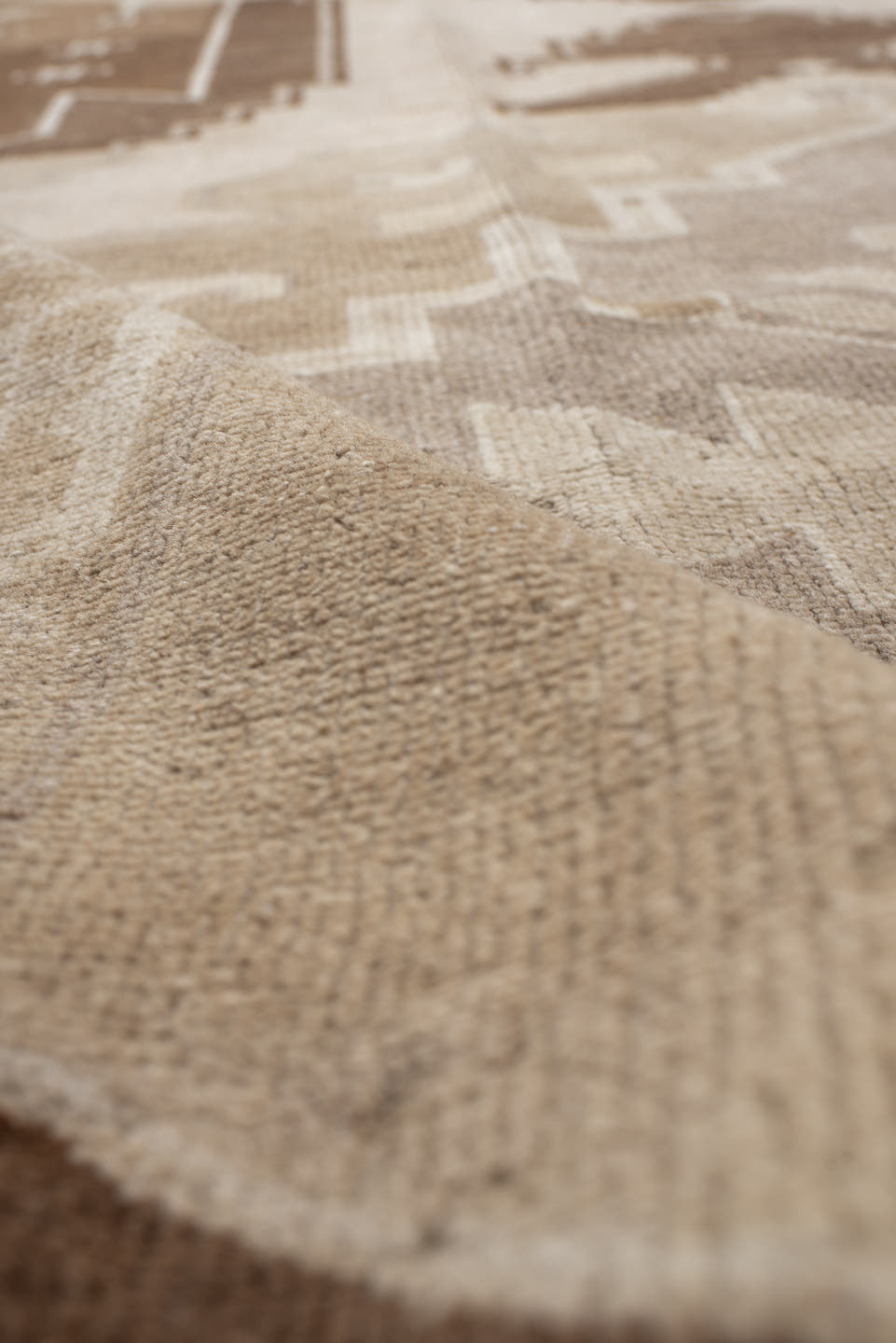 9' x 11' one-of-a-kind handmade vintage Kars large size rug. Color palette: beige, taupe, camel, brown, ivory, sand, gray