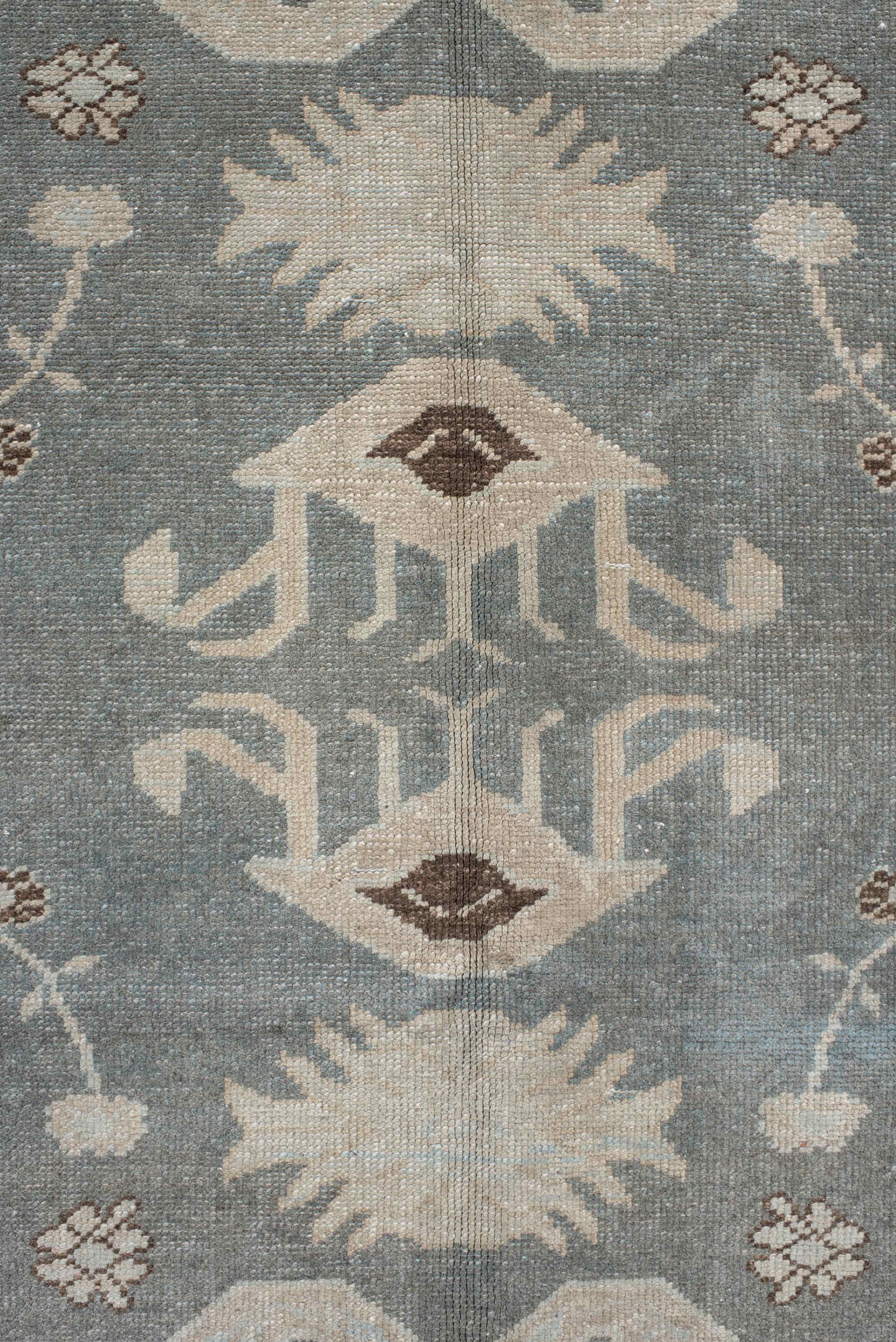 7' x 9' one-of-a-kind handmade vintage Anatolian rug. Color palette: ivory, slate, taupe, charcoal, brown, pale blue, gray