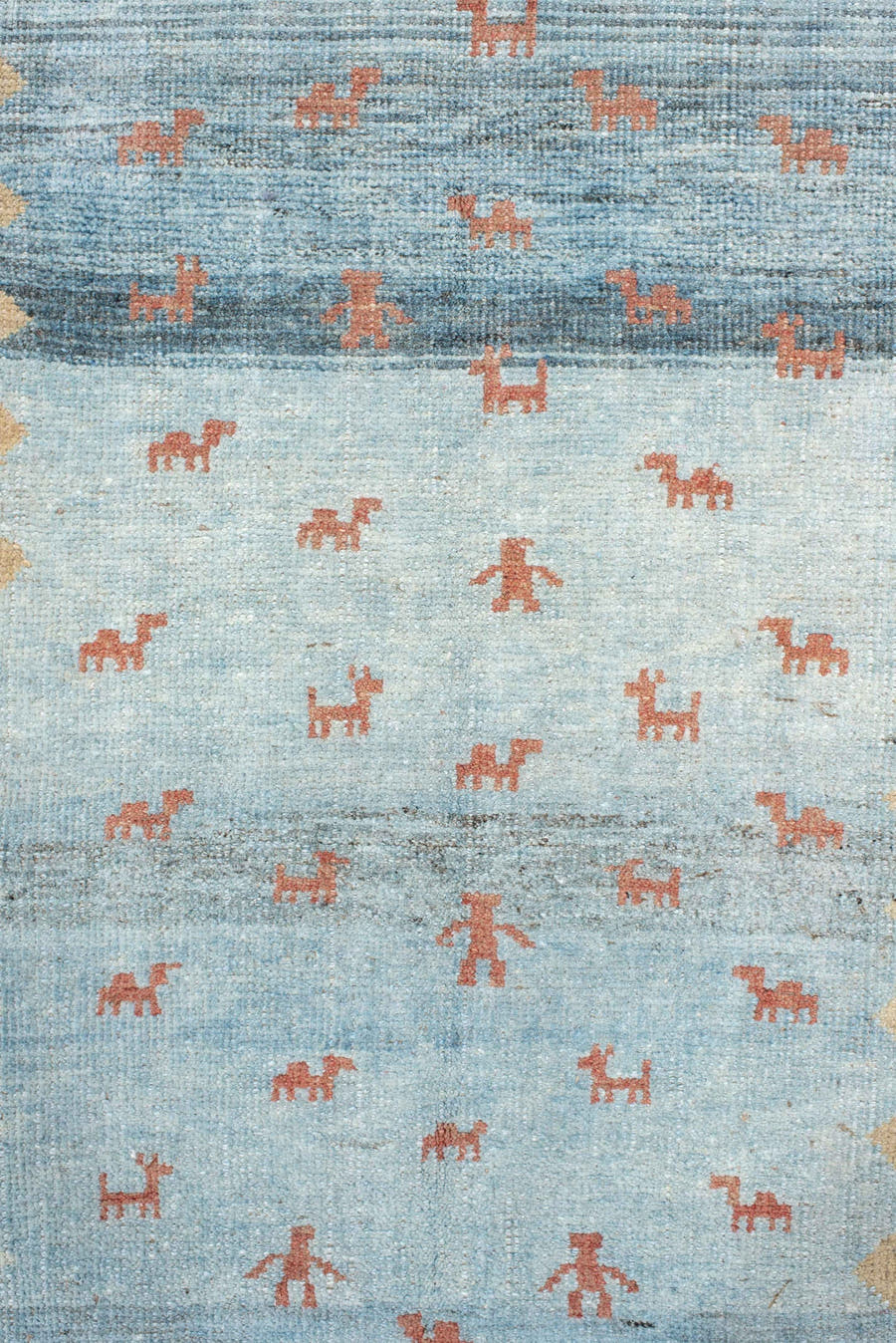2' x 9' one-of-a-kind handmade antique Gabbe runner rug. Color palette: sky blue, ivory, rust, slate, camel, light blue