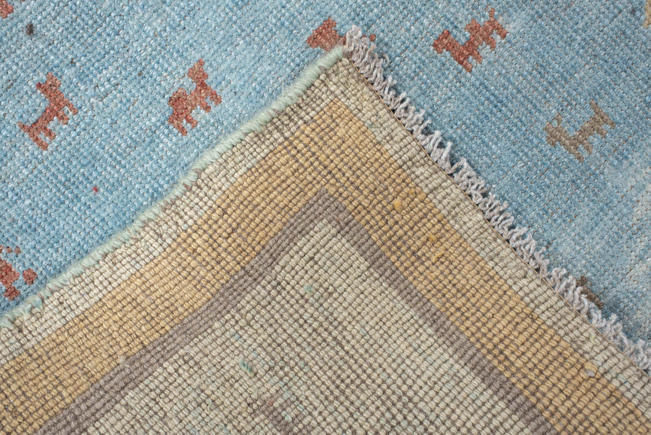 2' x 9' one-of-a-kind handmade antique Gabbe runner rug. Color palette: sky blue, ivory, rust, slate, camel, light blue