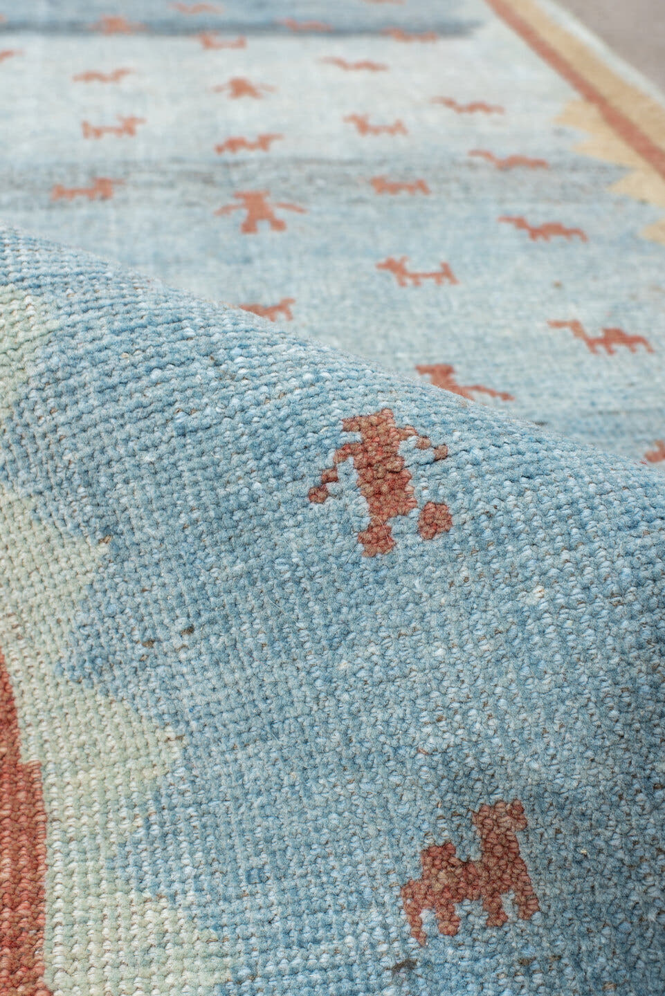 2' x 9' one-of-a-kind handmade antique Gabbe runner rug. Color palette: sky blue, ivory, rust, slate, camel, light blue