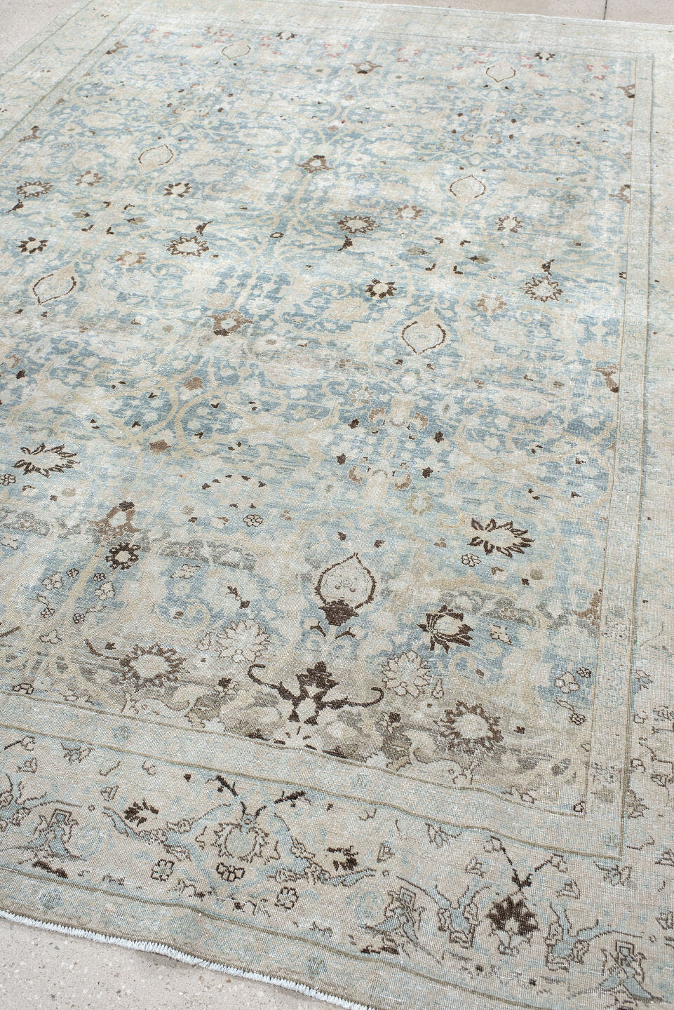 7' x 11' one-of-a-kind handmade antique Tabriz large size rug. Color palette: ivory, pale blue, taupe, slate, brown