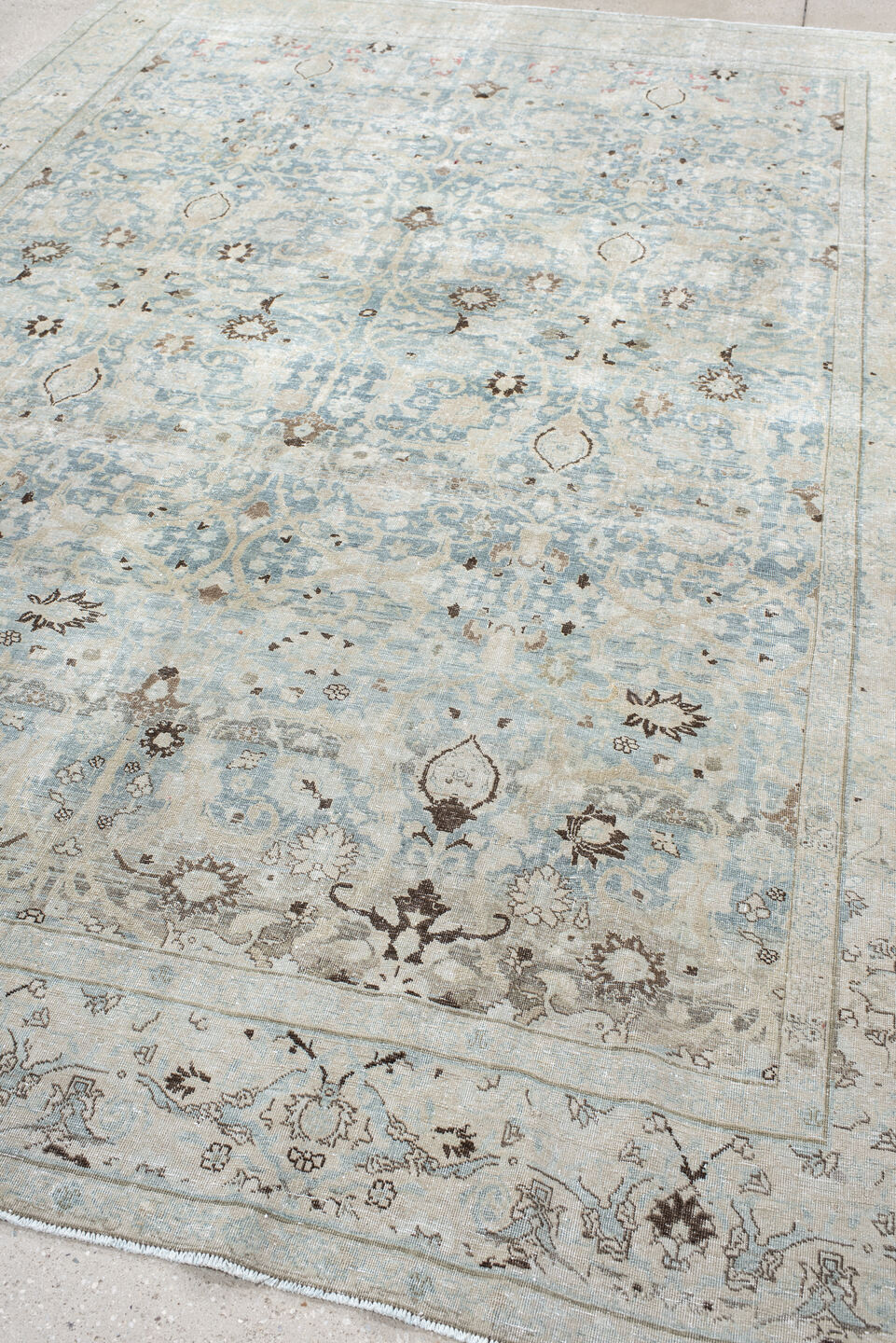 7' x 11' one-of-a-kind handmade antique Tabriz large size rug. Color palette: ivory, pale blue, taupe, slate, brown