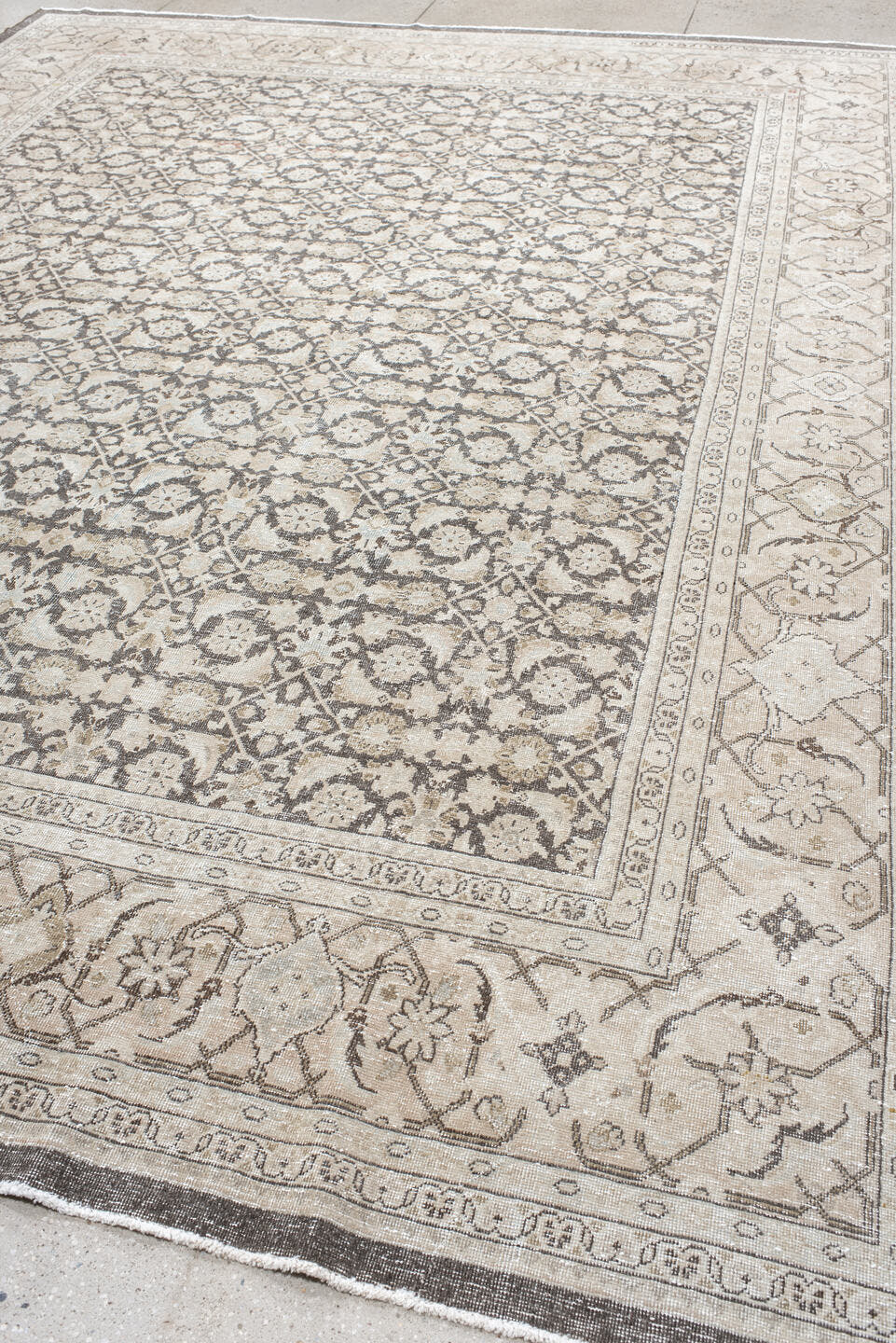 10' x 13' one-of-a-kind handmade antique Malayer large size rug. Color palette: ivory, taupe, charcoal, beige, blush, slate