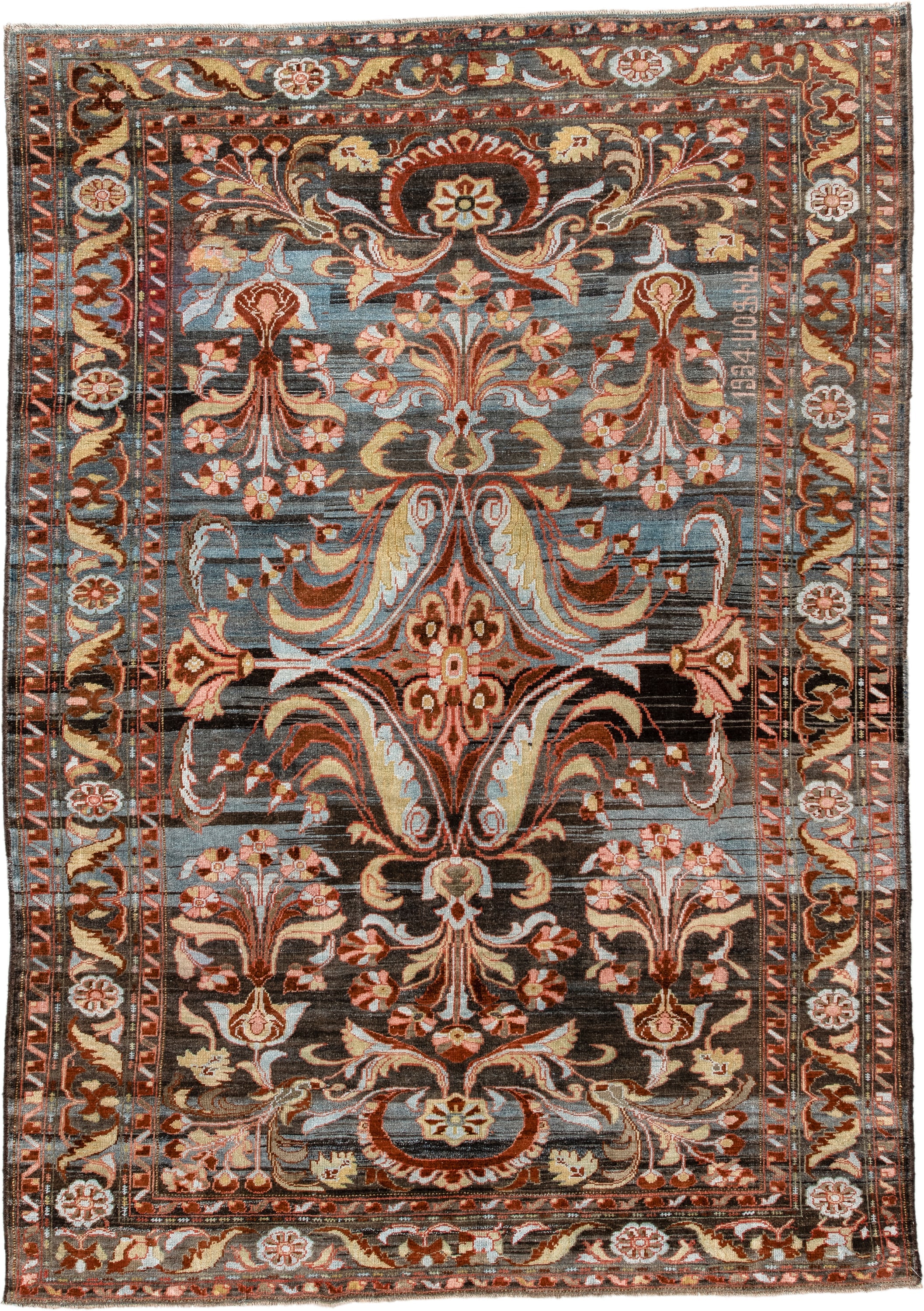 6' x 8' one-of-a-kind handmade antique Baktiary medium size rug. Color palette: charcoal, slate, rust, ivory, rose, camel