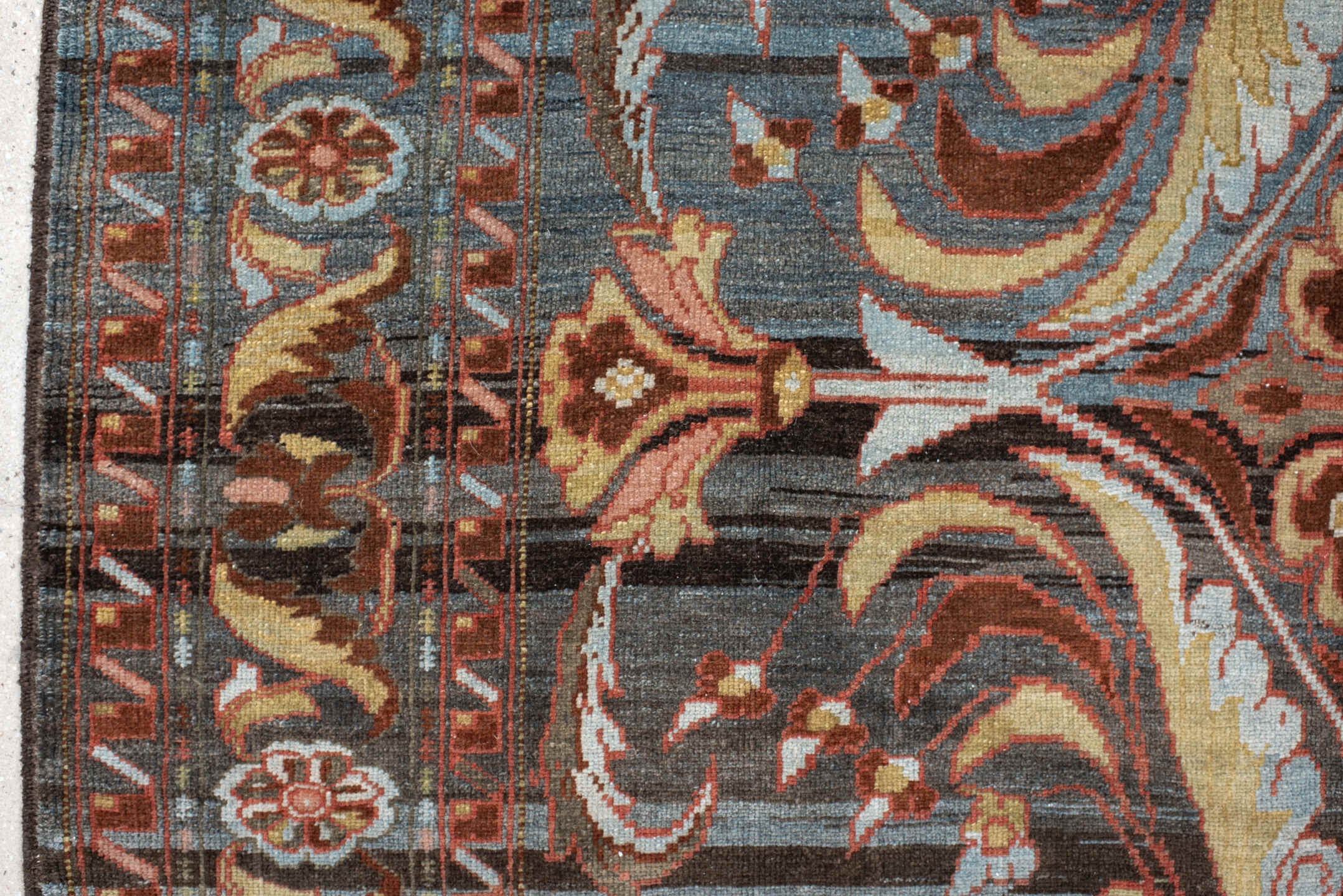 6' x 8' one-of-a-kind handmade antique Baktiary medium size rug. Color palette: charcoal, slate, rust, ivory, rose, camel
