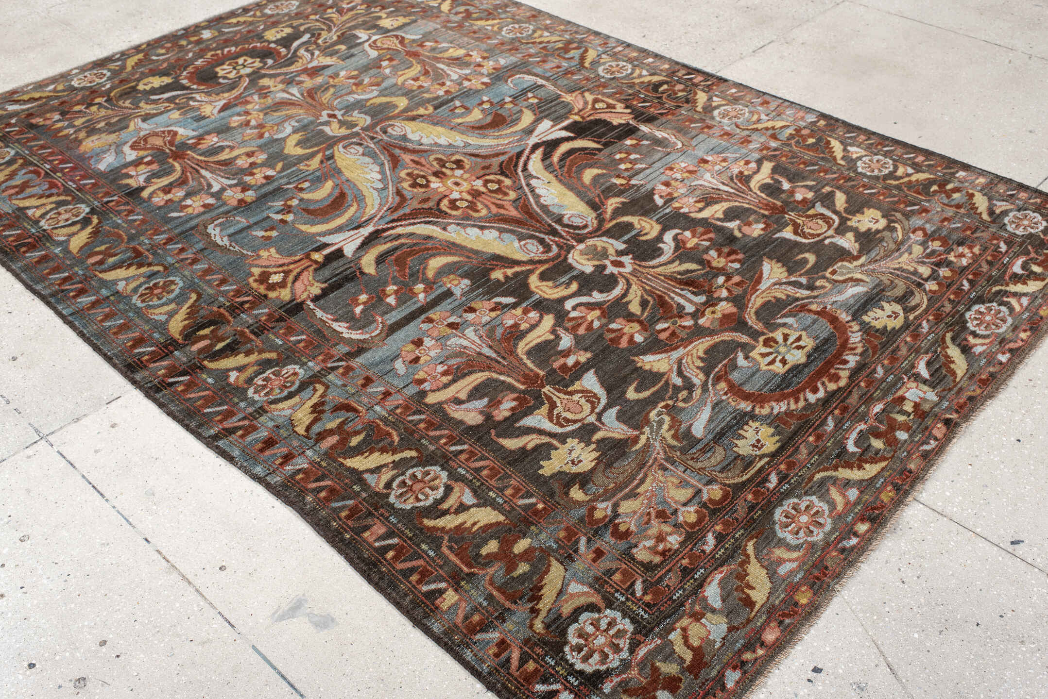 6' x 8' one-of-a-kind handmade antique Baktiary medium size rug. Color palette: charcoal, slate, rust, ivory, rose, camel