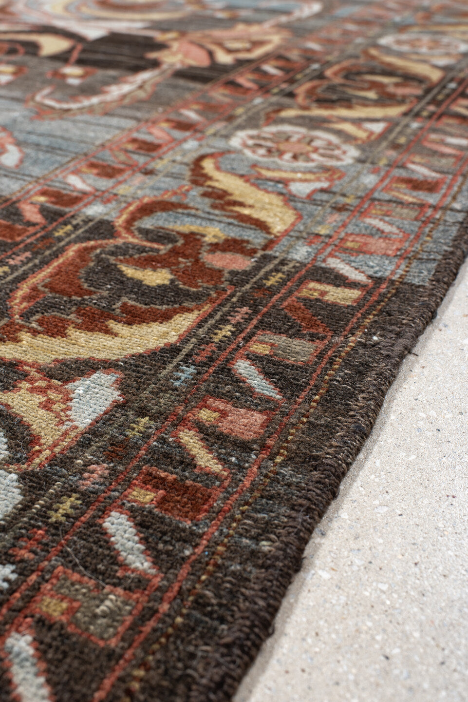 6' x 8' one-of-a-kind handmade antique Baktiary medium size rug. Color palette: charcoal, slate, rust, ivory, rose, camel