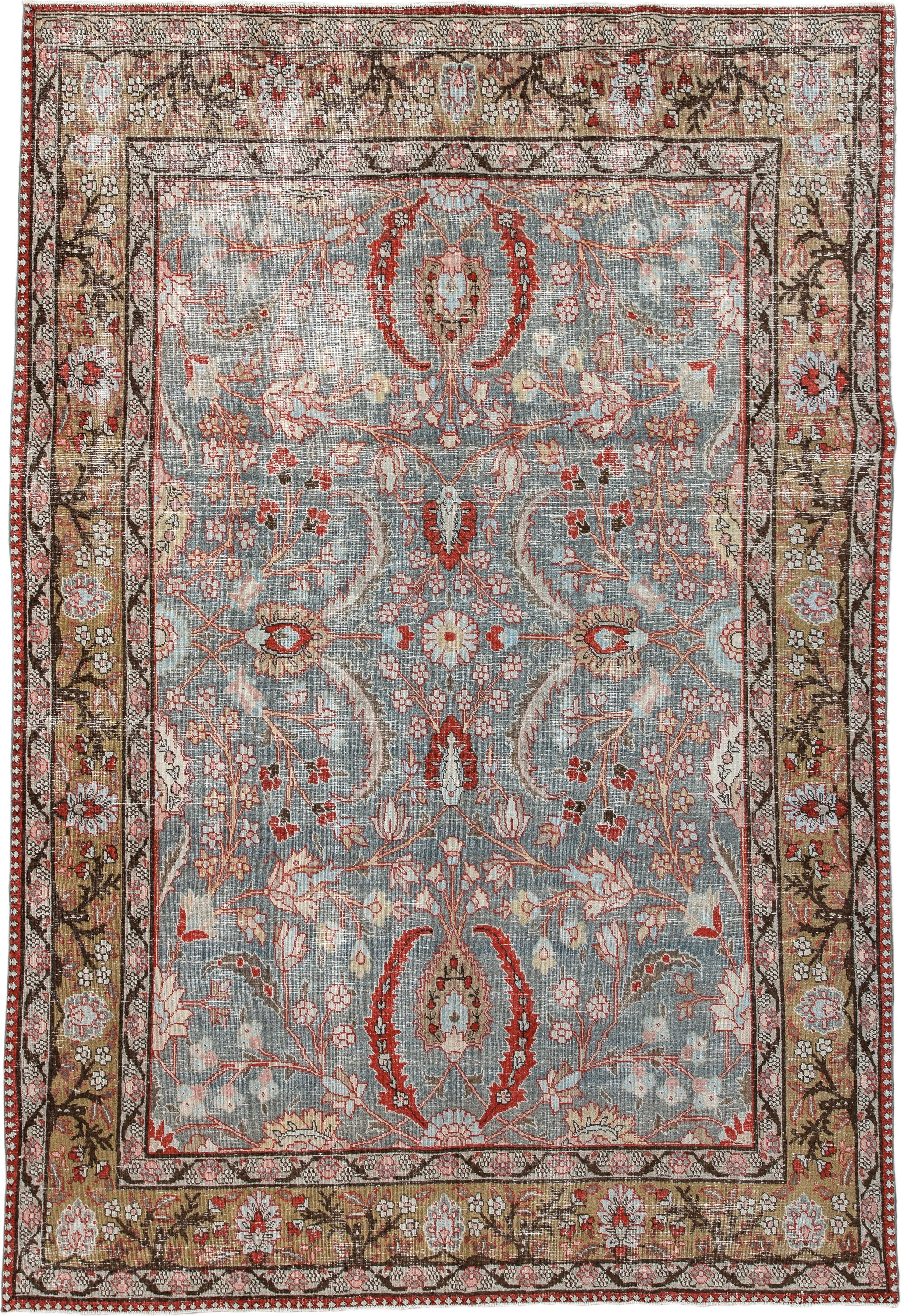 6' x 9' one-of-a-kind handmade antique Tabriz medium size rug. Color palette: light blue, camel, ivory, rust, brown, coral