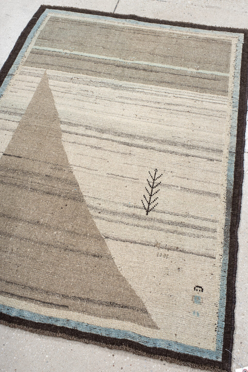 3' x 5' one-of-a-kind handmade vintage Gabbe small size rug. Color palette: taupe, ivory, charcoal, pale_blue, gray, beige