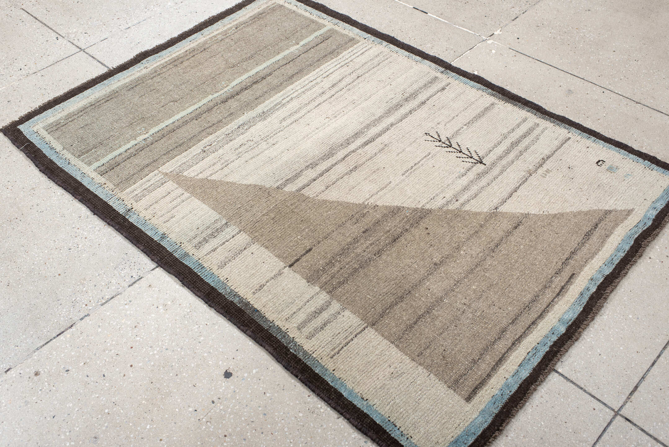 3' x 5' one-of-a-kind handmade vintage Gabbe small size rug. Color palette: taupe, ivory, charcoal, pale_blue, gray, beige