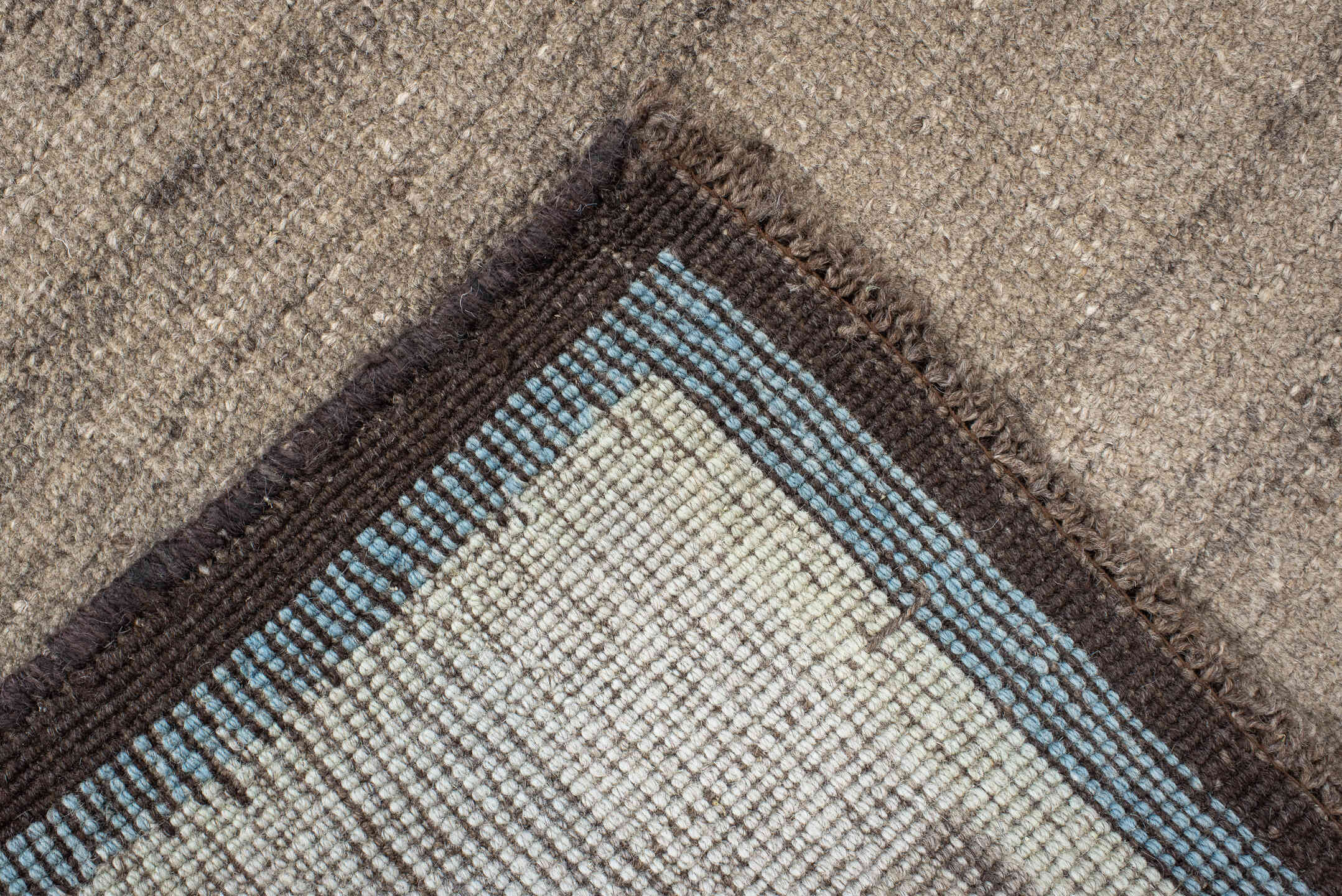 3' x 5' one-of-a-kind handmade vintage Gabbe small size rug. Color palette: taupe, ivory, charcoal, pale_blue, gray, beige