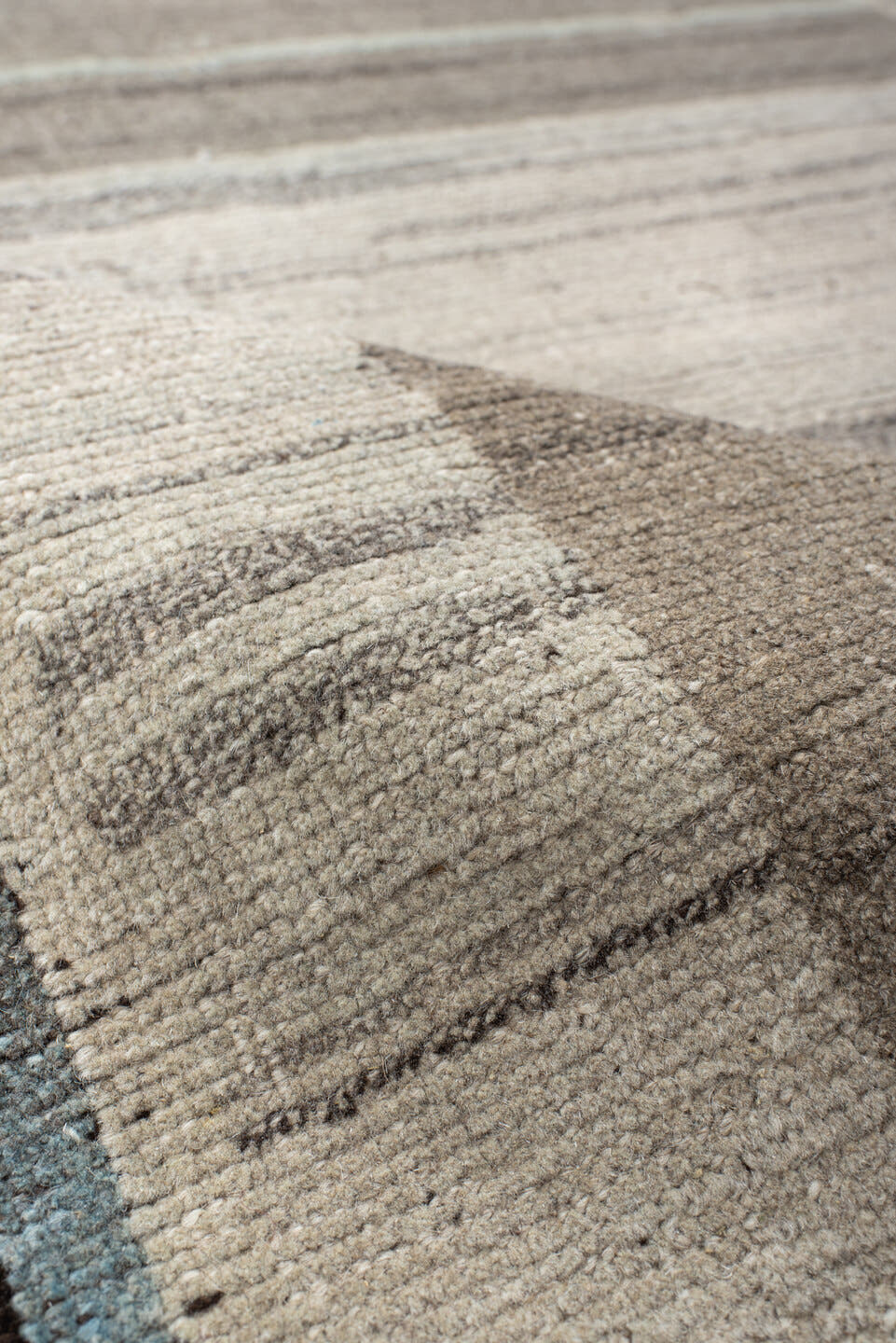 3' x 5' one-of-a-kind handmade vintage Gabbe small size rug. Color palette: taupe, ivory, charcoal, pale_blue, gray, beige