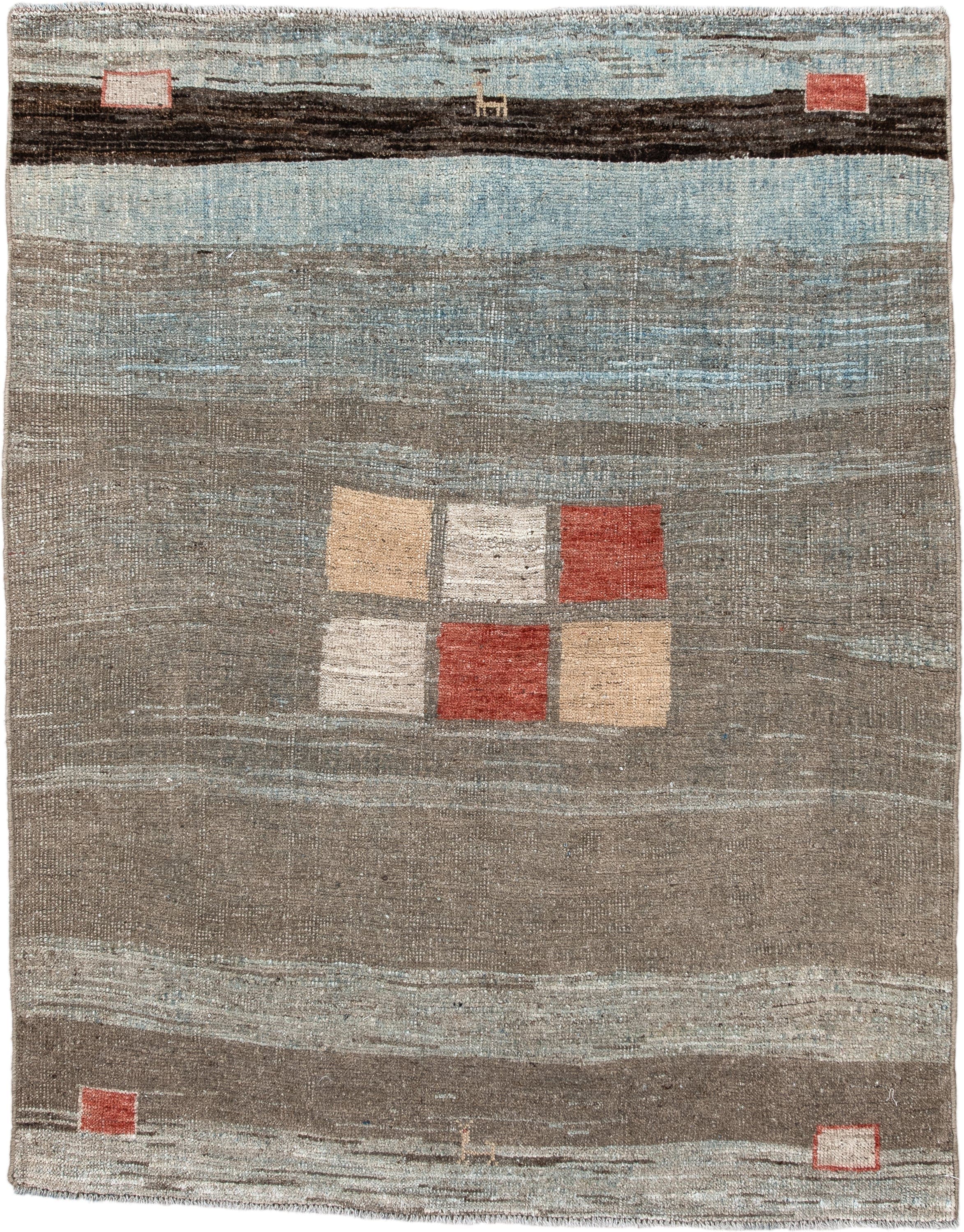 4' x 5' one-of-a-kind handmade antique Gabbe small size rug. Color palette: taupe, sky blue, charcoal, rust, ivory, camel