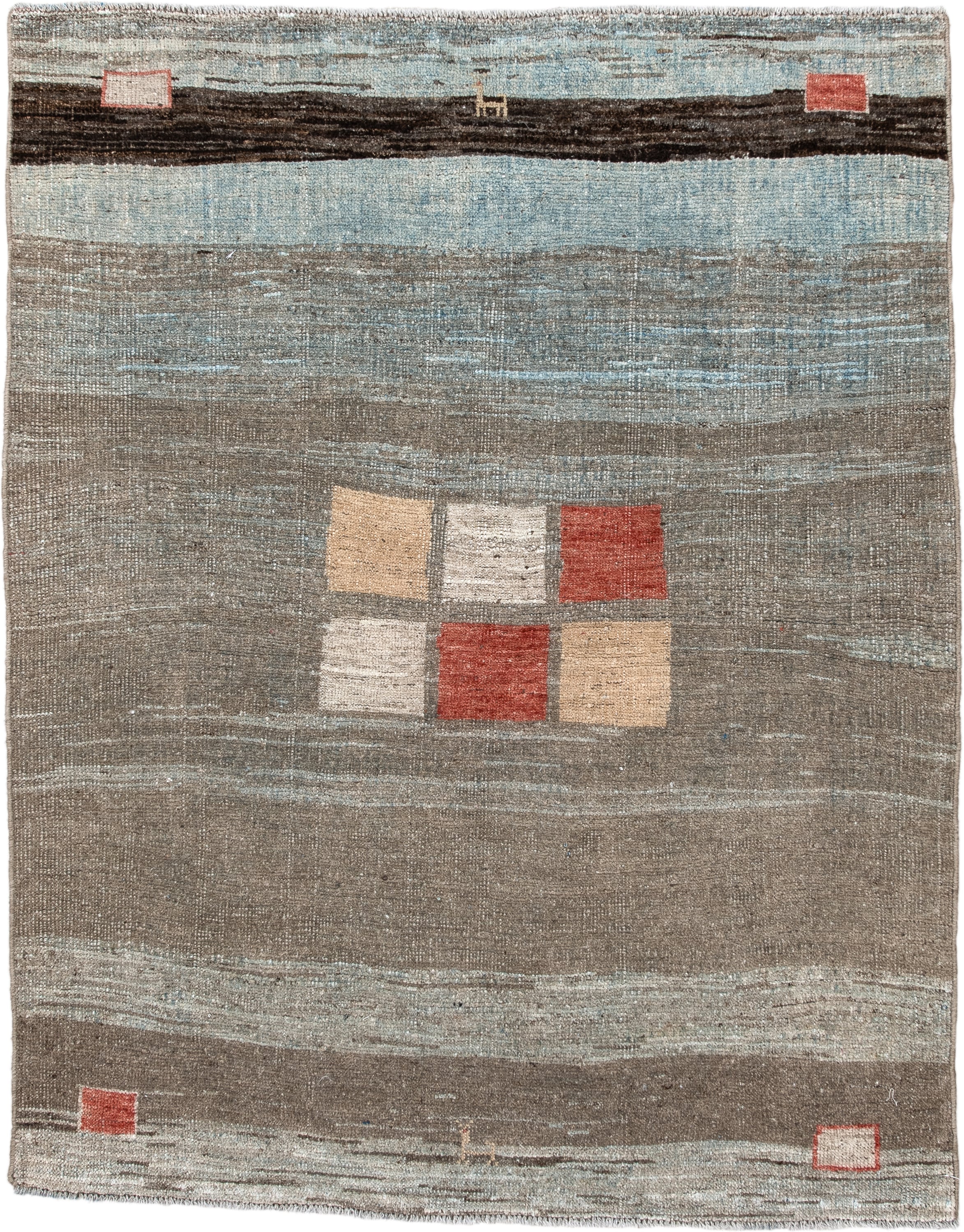 4' x 5' one-of-a-kind handmade antique Gabbe small size rug. Color palette: taupe, sky blue, charcoal, rust, ivory, camel