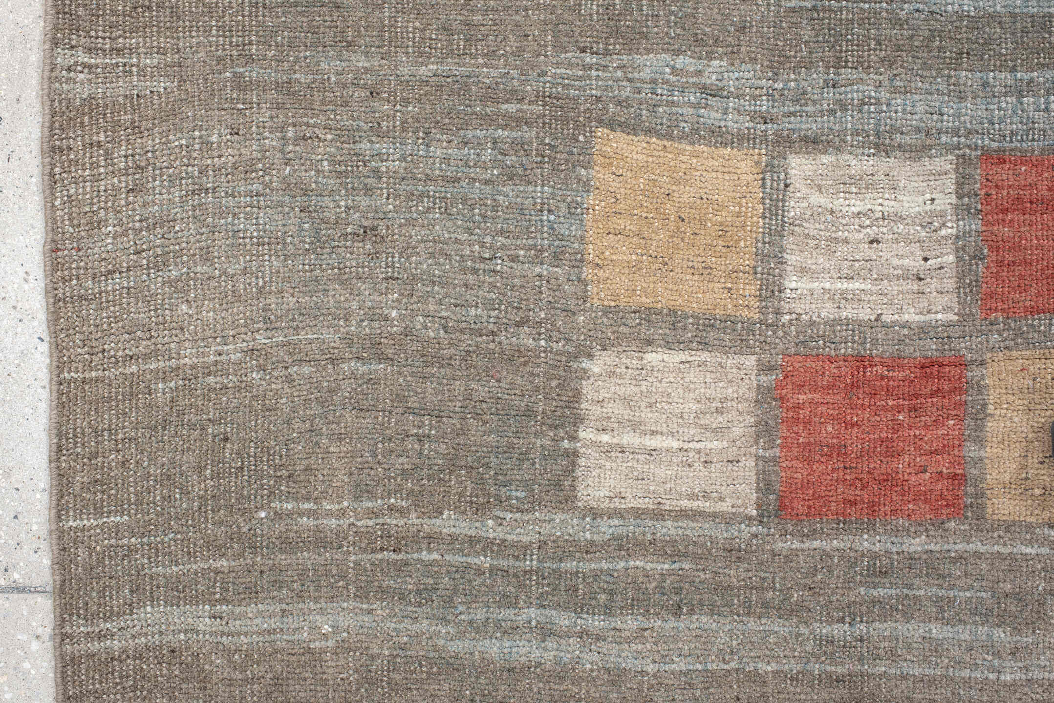 4' x 5' one-of-a-kind handmade antique Gabbe small size rug. Color palette: taupe, sky blue, charcoal, rust, ivory, camel