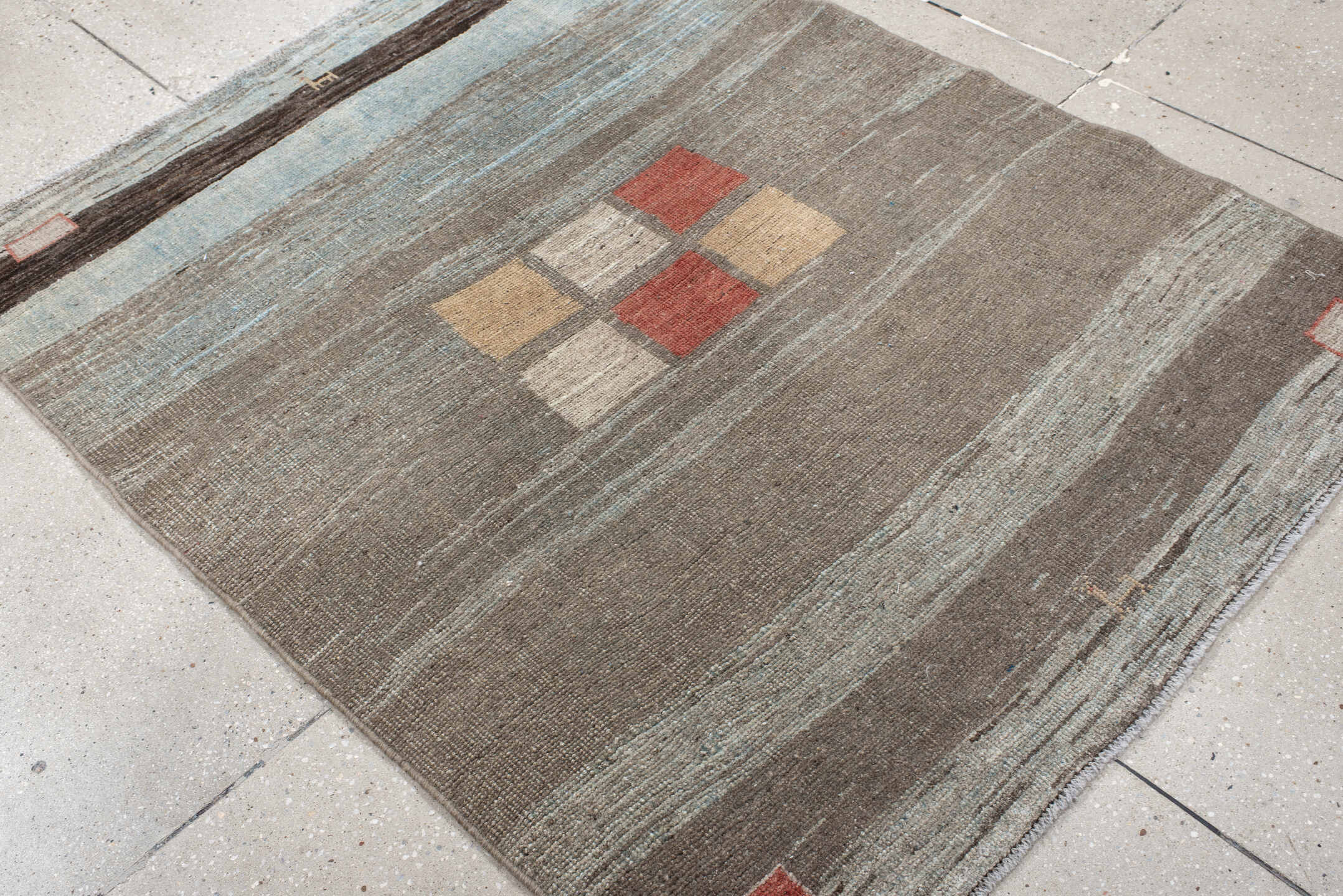 4' x 5' one-of-a-kind handmade antique Gabbe small size rug. Color palette: taupe, sky blue, charcoal, rust, ivory, camel